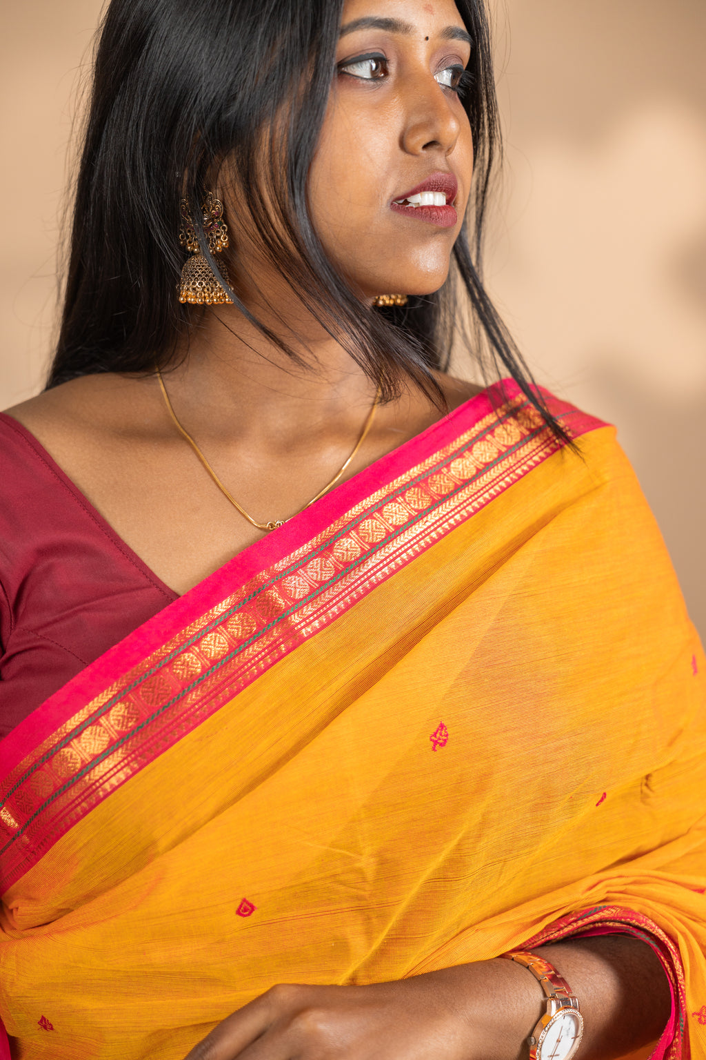 Yellow Chettinad Cotton Red Border - #NS014