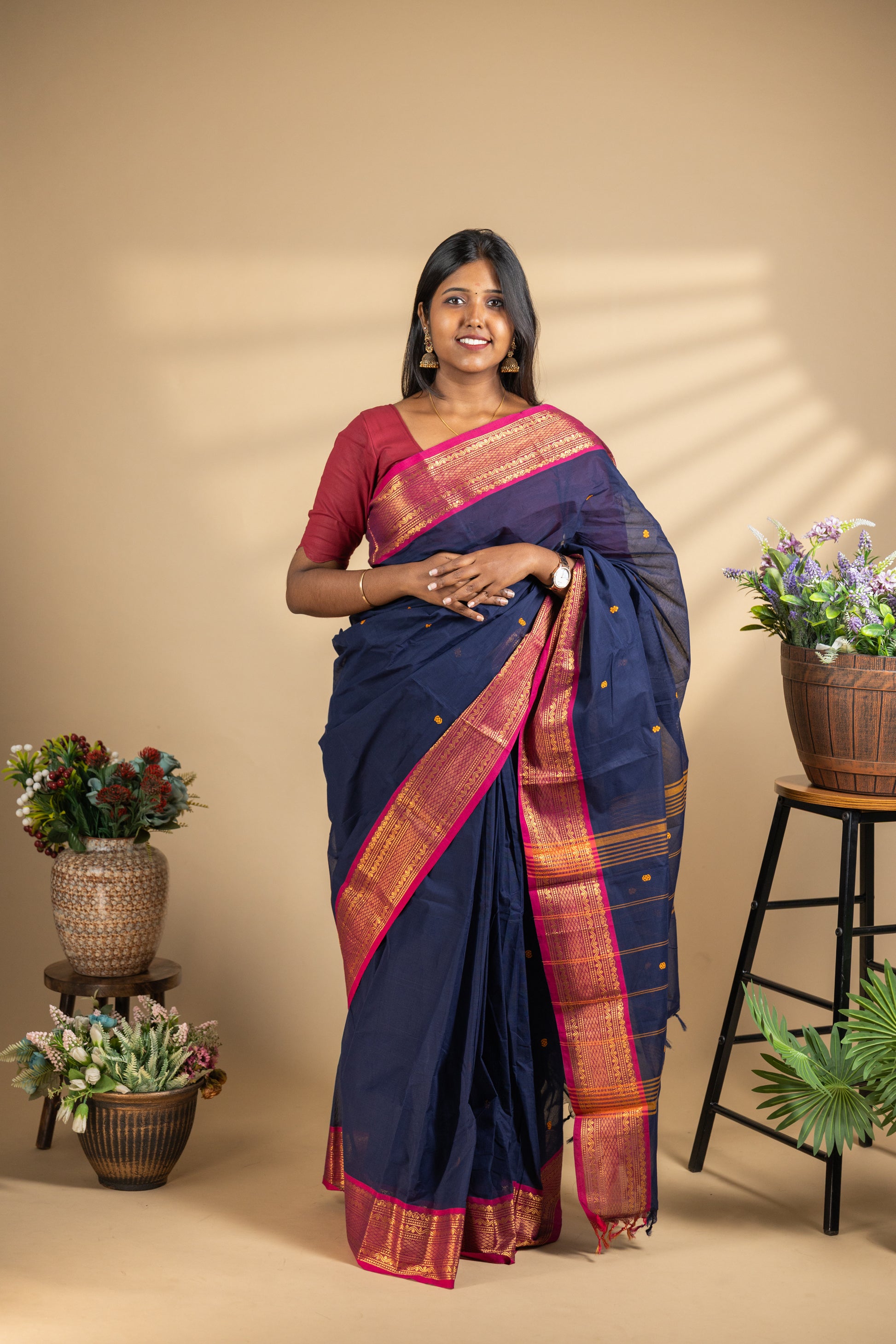 Blue Chettinad Cotton Saree with Pink Border - #NS012