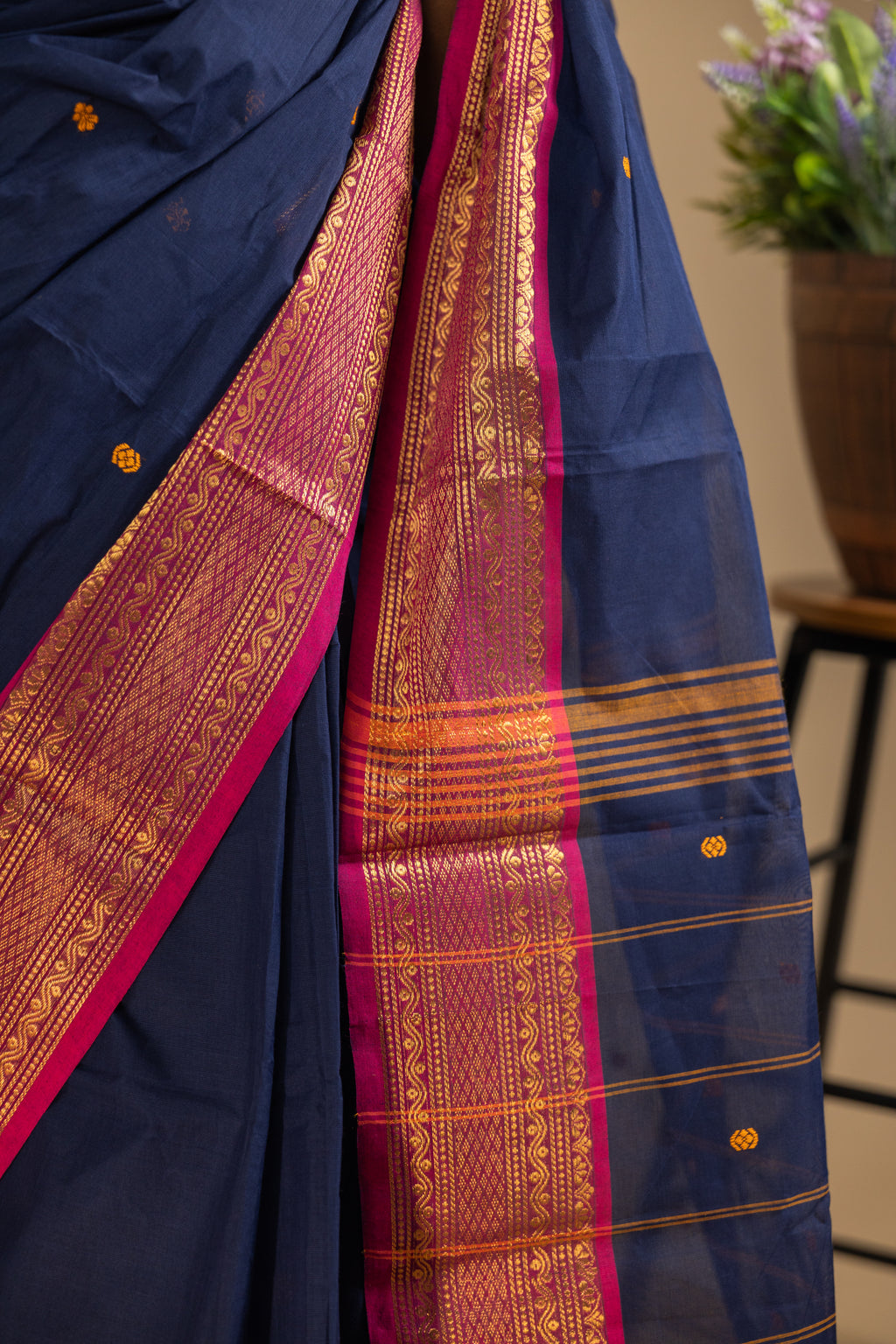 Blue Chettinad Cotton Saree with Pink Border - #NS012