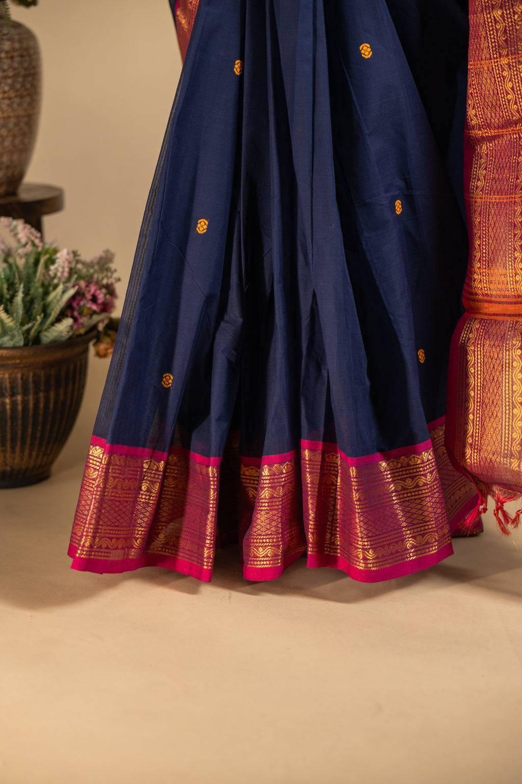 Blue Chettinad Cotton Saree with Pink Border - #NS012