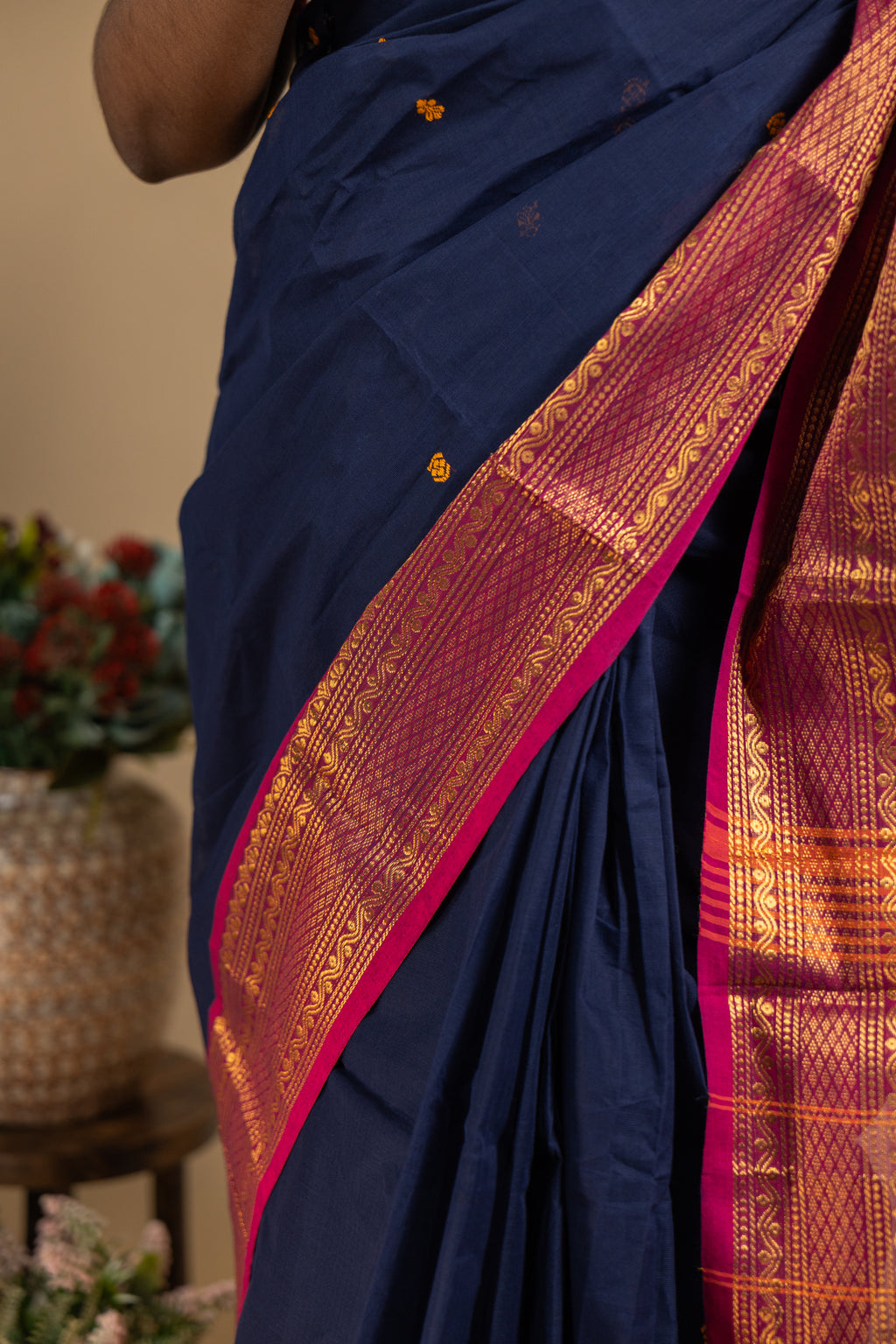 Blue Chettinad Cotton Saree with Pink Border - #NS012