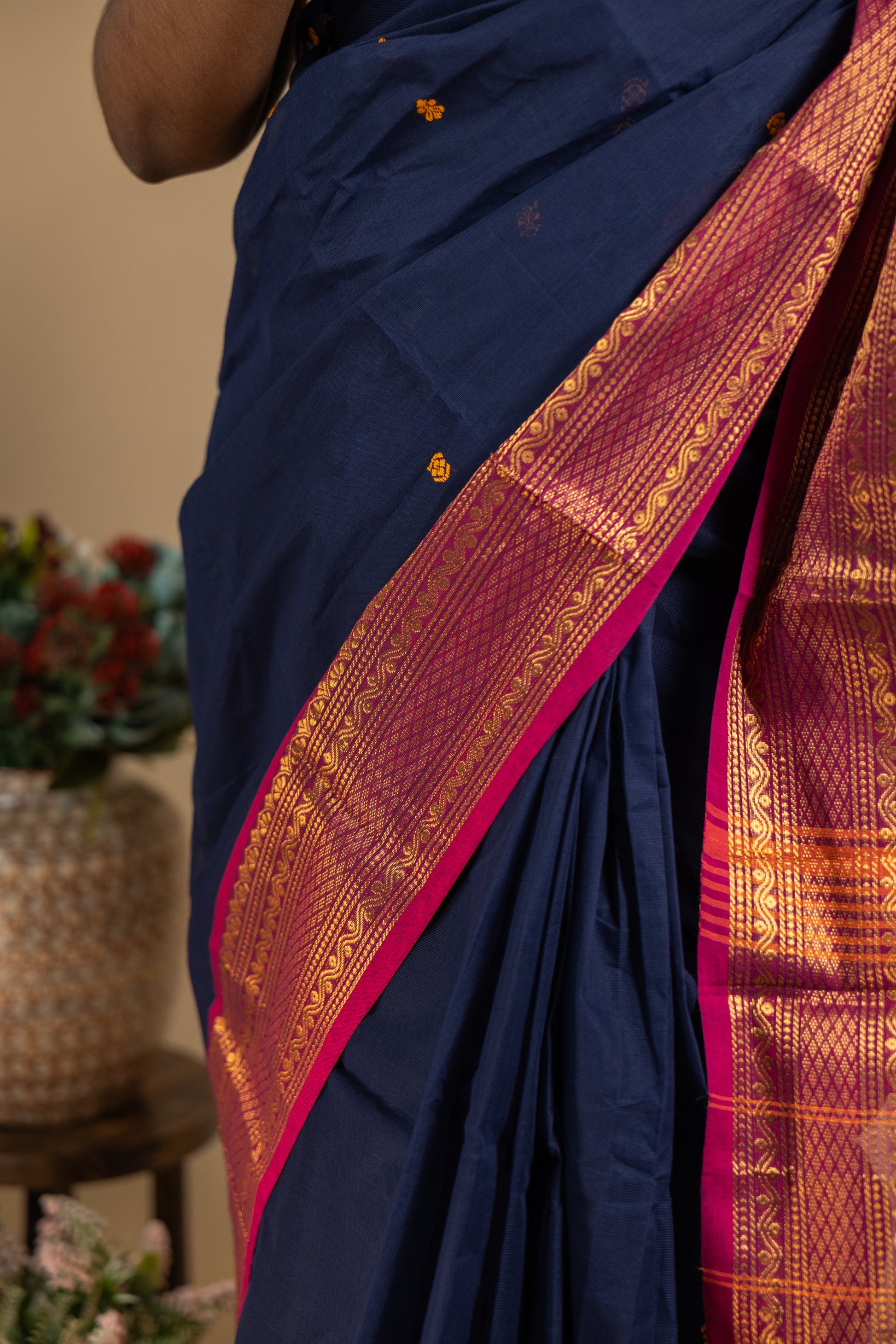 Blue Chettinad Cotton Saree with Pink Border - #NS012