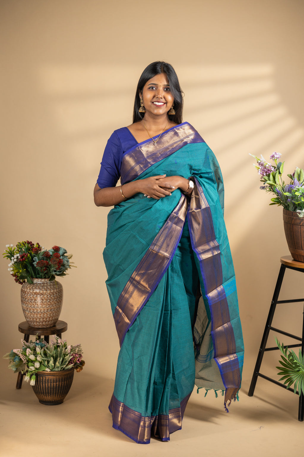 Teel Blue Chettinad Cotton Saree with Blue Border - #NS003