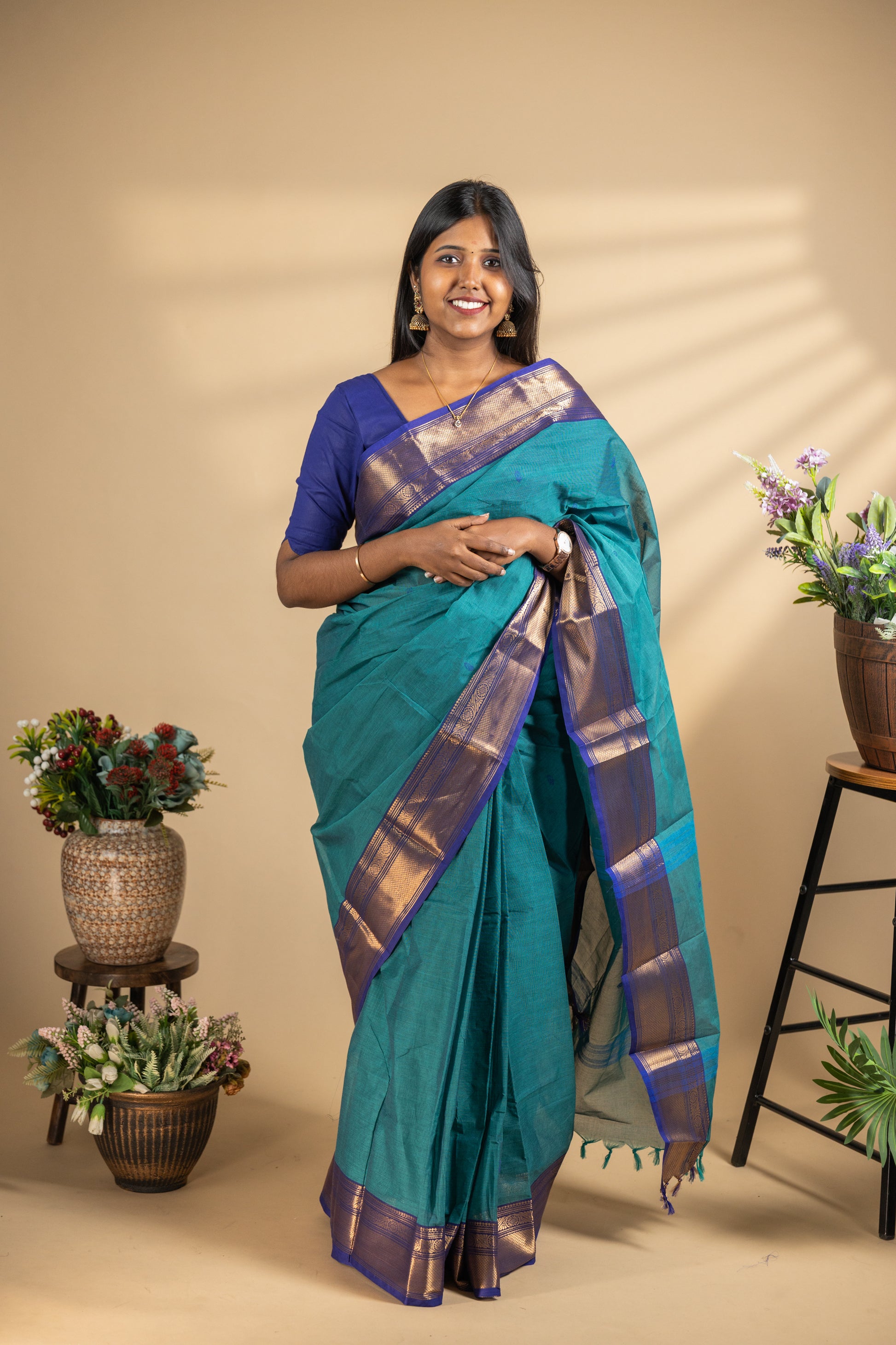 Teel Blue Chettinad Cotton Saree with Blue Border - #NS003