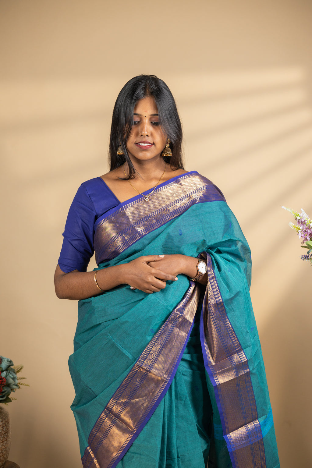 Teel Blue Chettinad Cotton Saree with Blue Border - #NS003