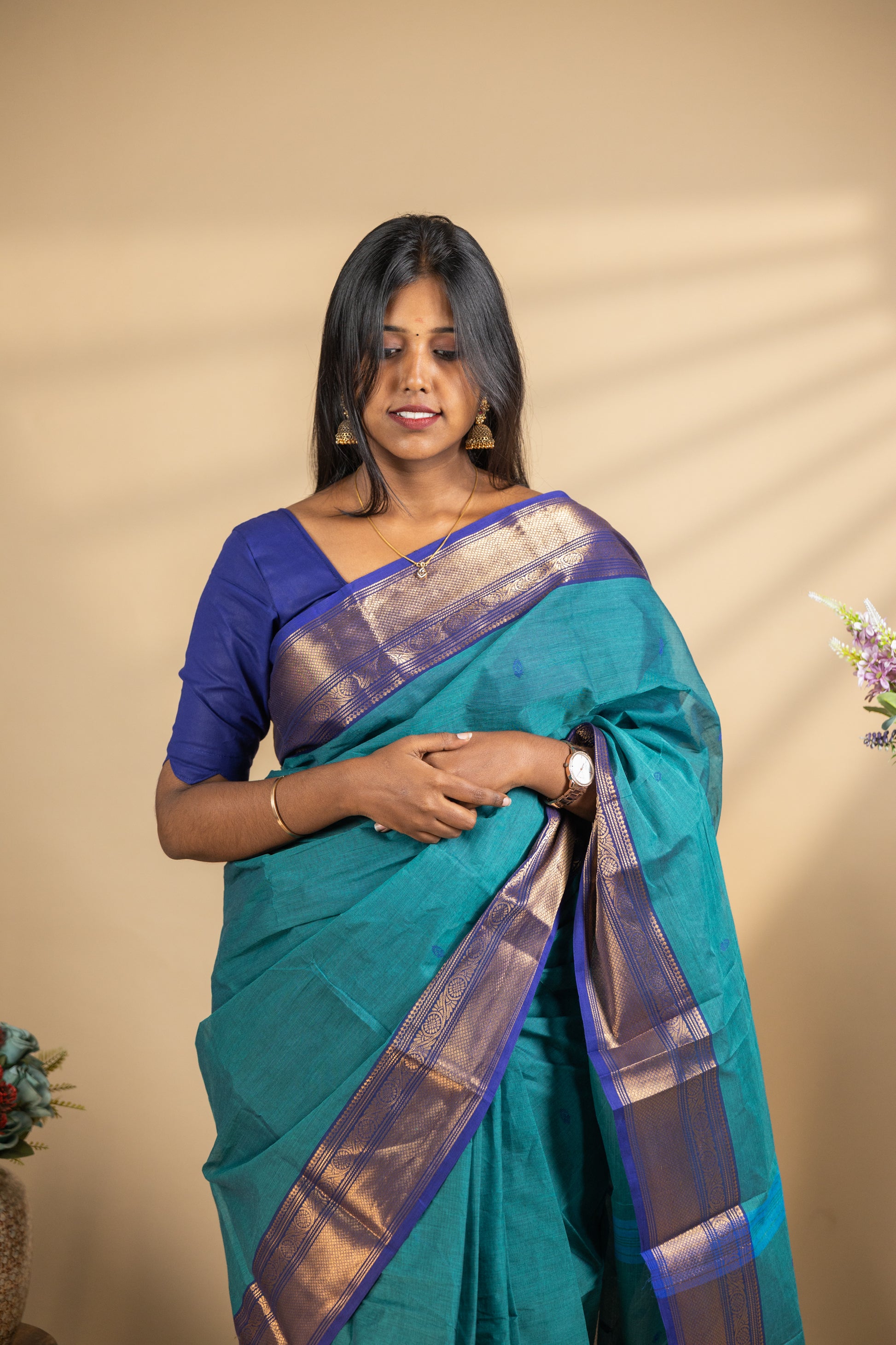 Teel Blue Chettinad Cotton Saree with Blue Border - #NS003