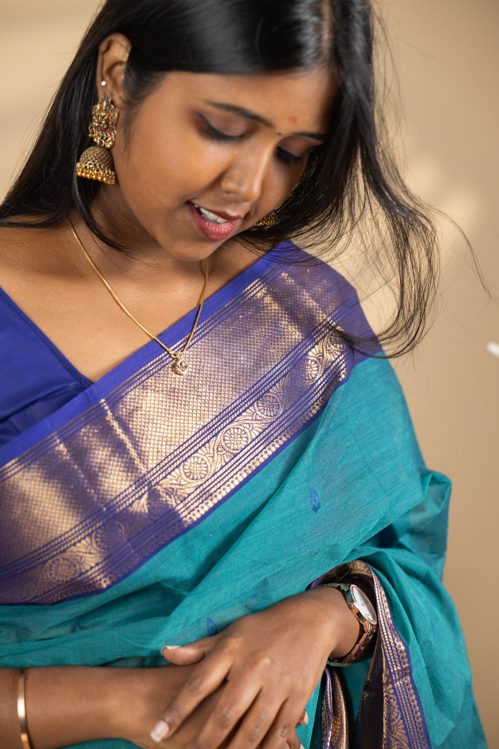 Teel Blue Chettinad Cotton Saree with Blue Border - #NS003