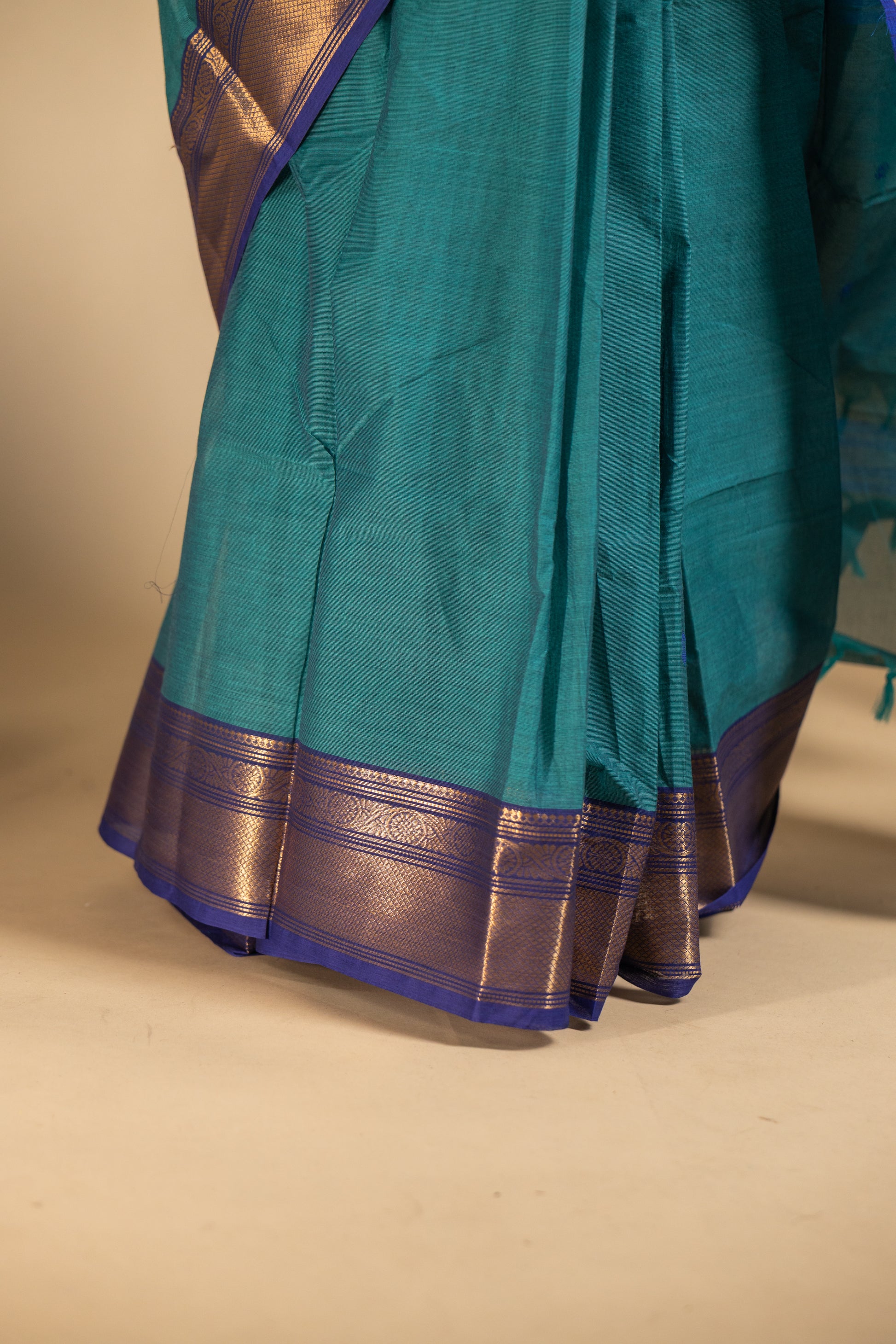 Teel Blue Chettinad Cotton Saree with Blue Border - #NS003