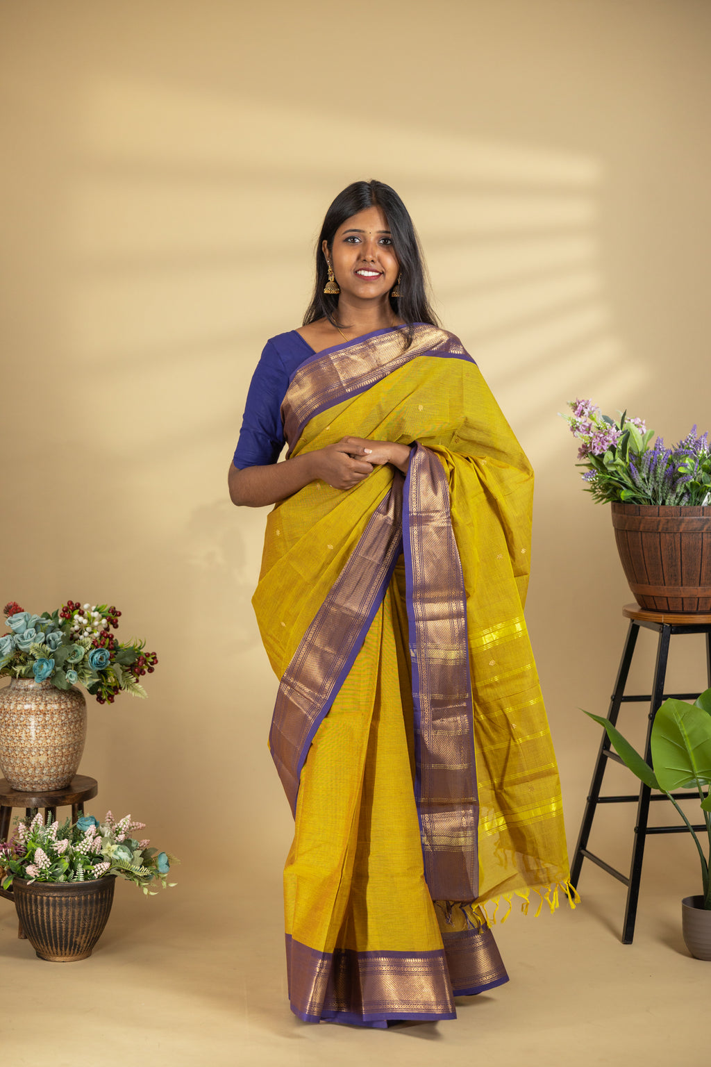 Mustard Chettinad Cotton Saree with Blue Border - #NS008