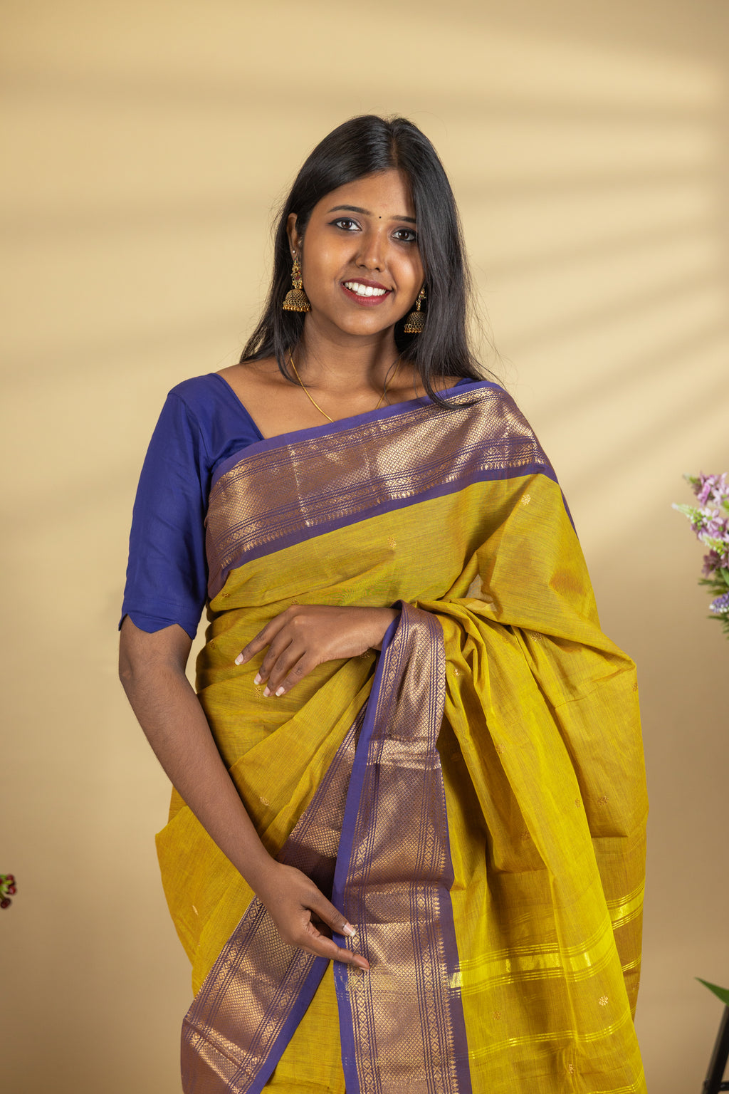 Mustard Chettinad Cotton Saree with Blue Border - #NS008