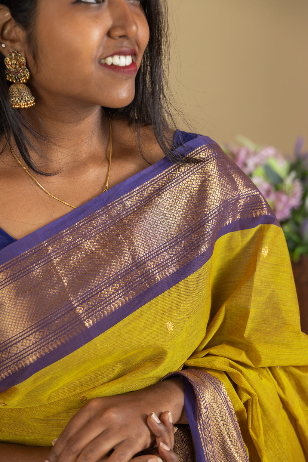 Mustard Chettinad Cotton Saree with Blue Border - #NS008