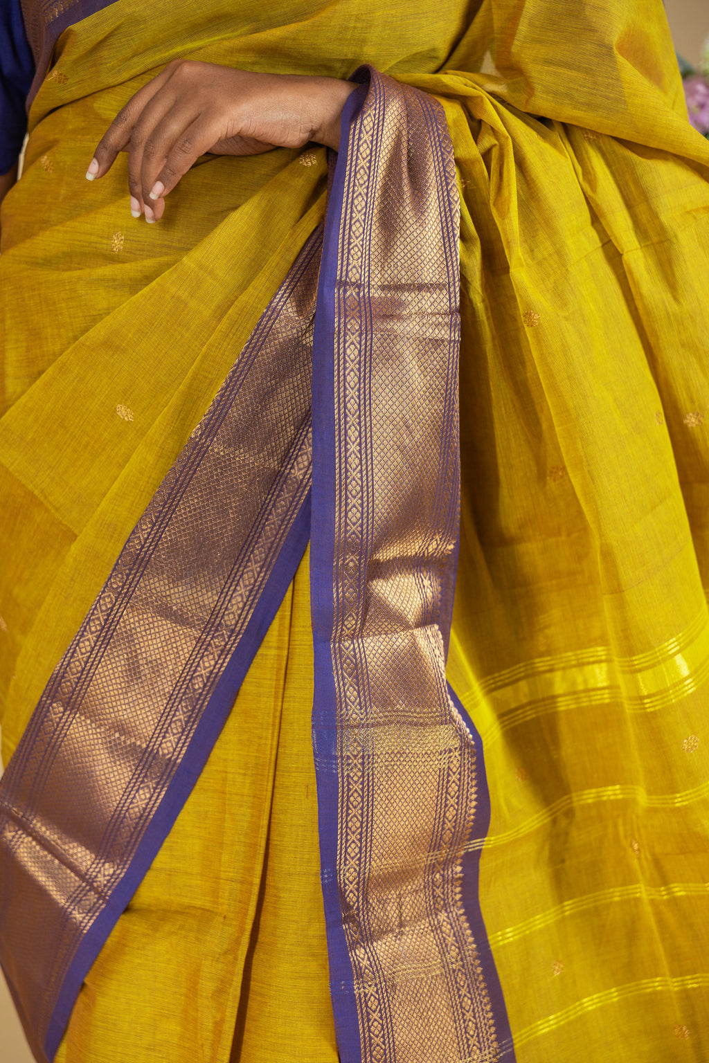 Mustard Chettinad Cotton Saree with Blue Border - #NS008