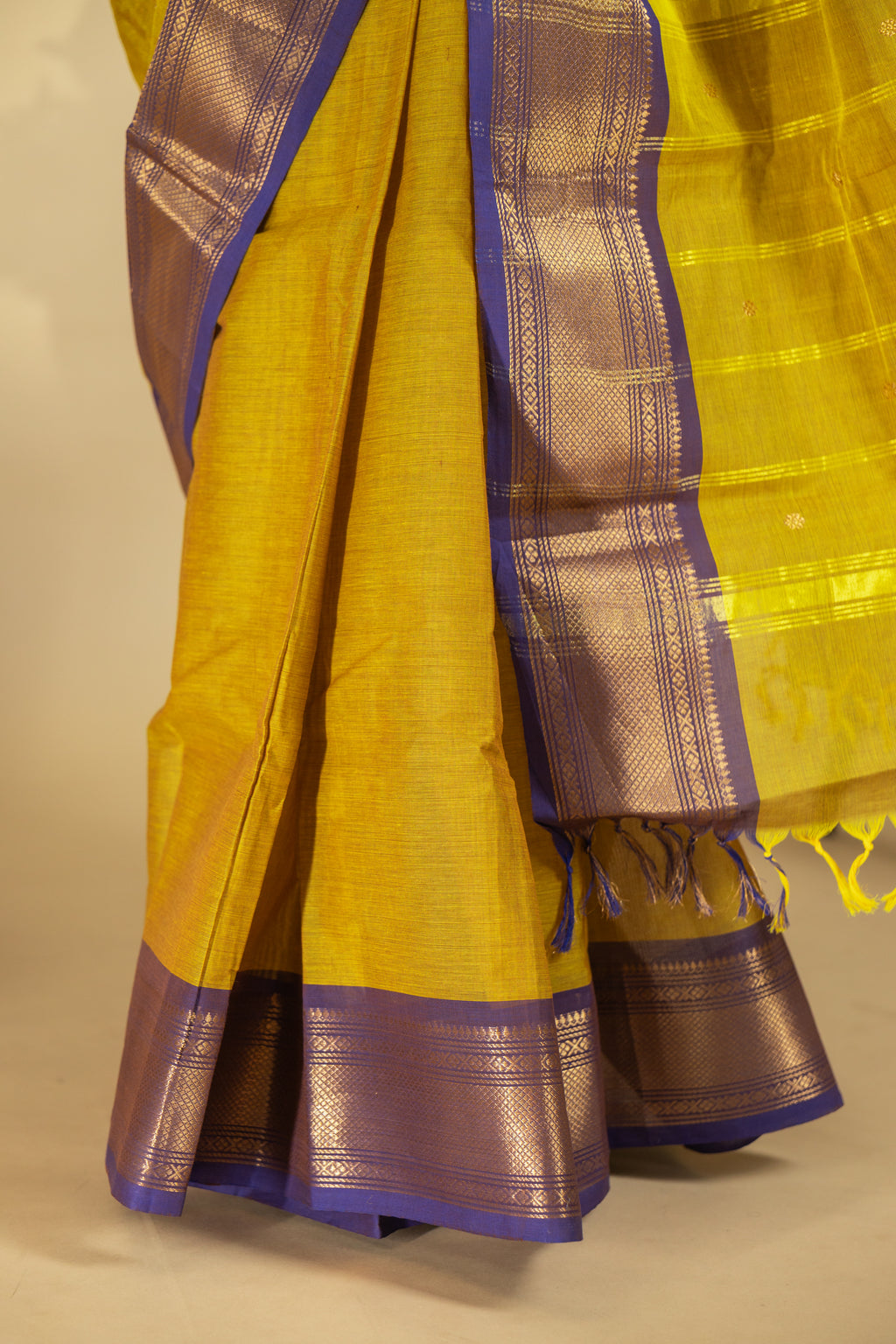Mustard Chettinad Cotton Saree with Blue Border - #NS008