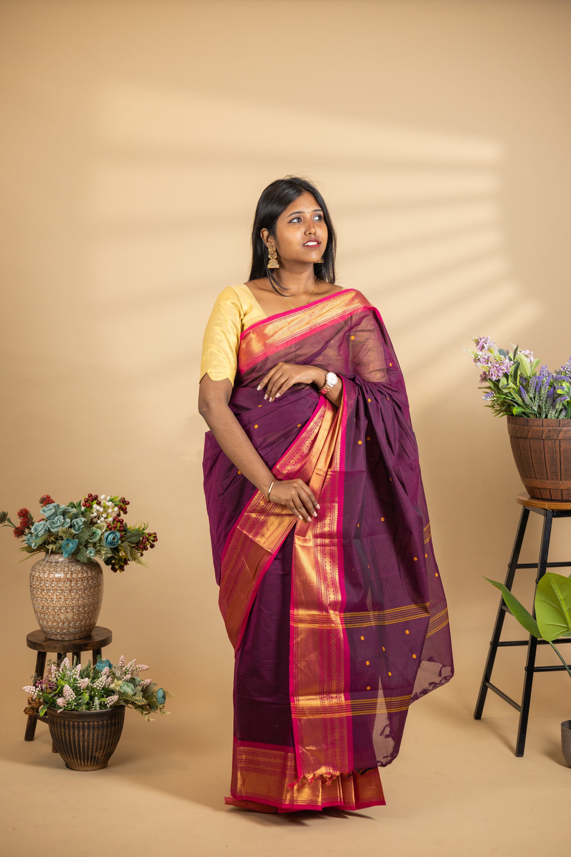 Maroon Chettinad Cotton Saree with Pink Border - #NS002