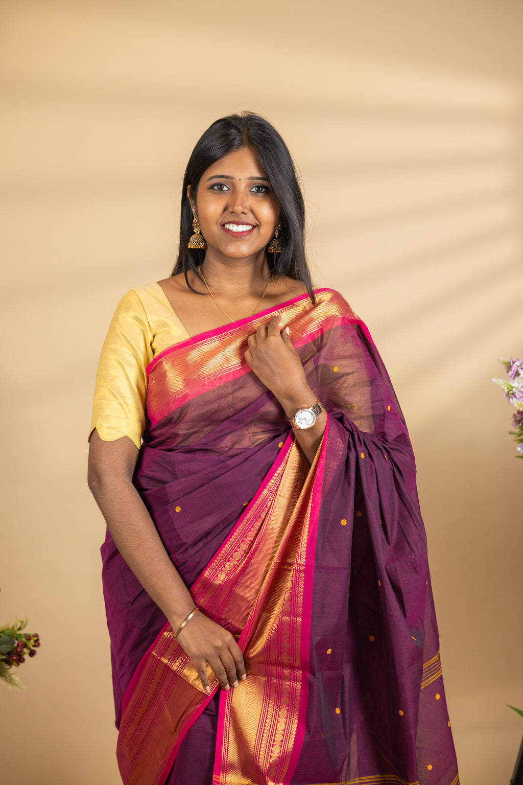 Maroon Chettinad Cotton Saree with Pink Border - #NS002