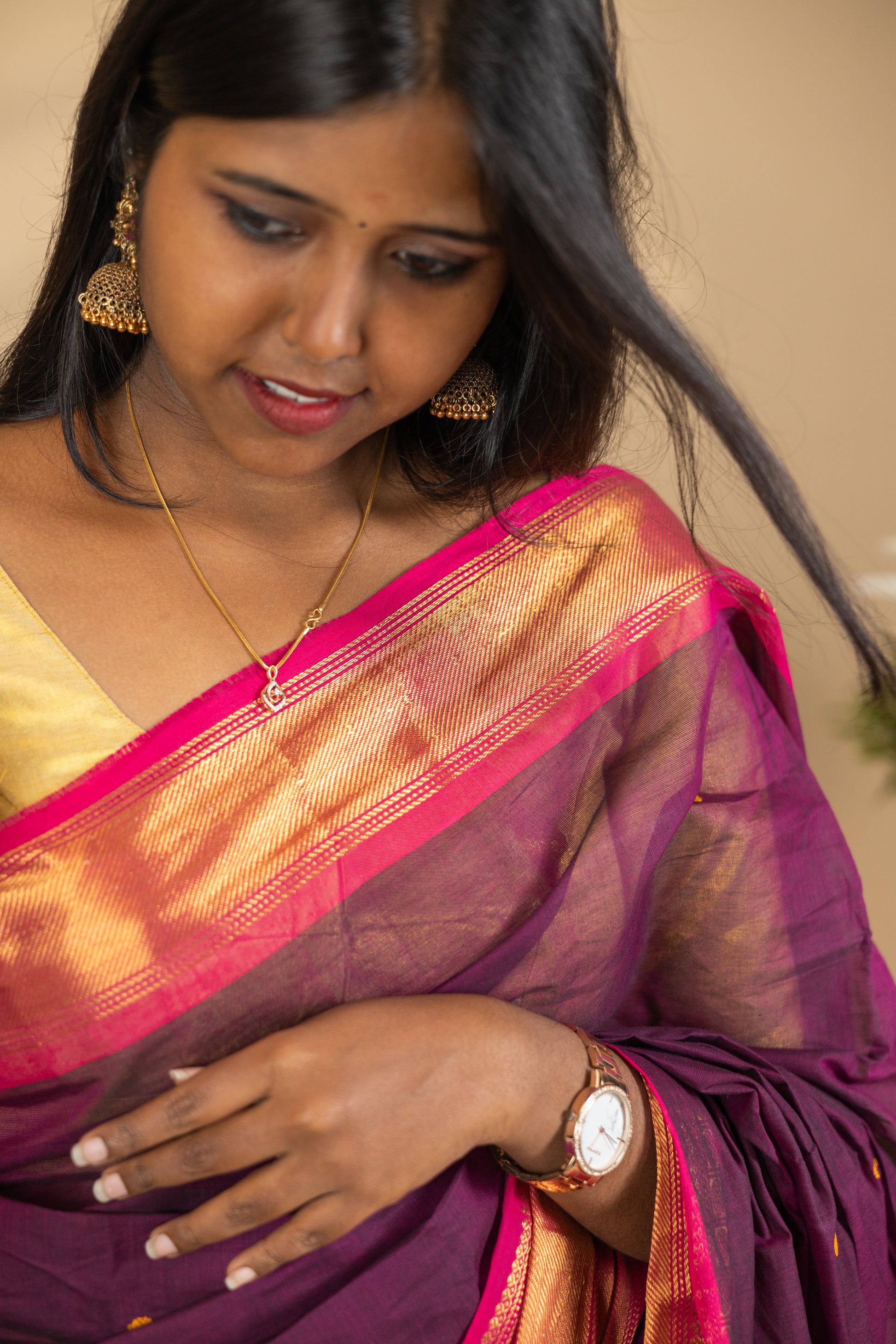 Maroon Chettinad Cotton Saree with Pink Border - #NS002
