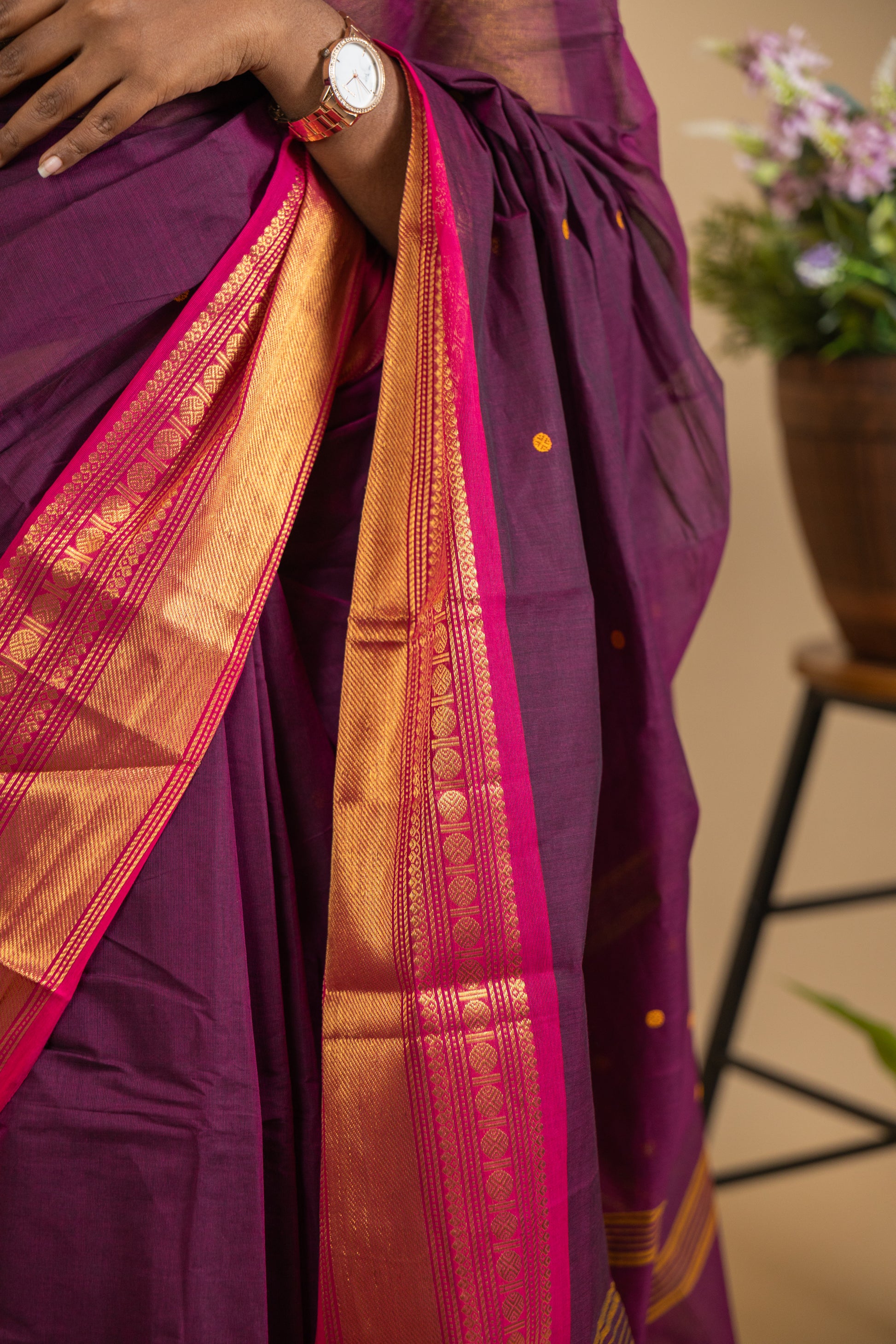 Maroon Chettinad Cotton Saree with Pink Border - #NS002