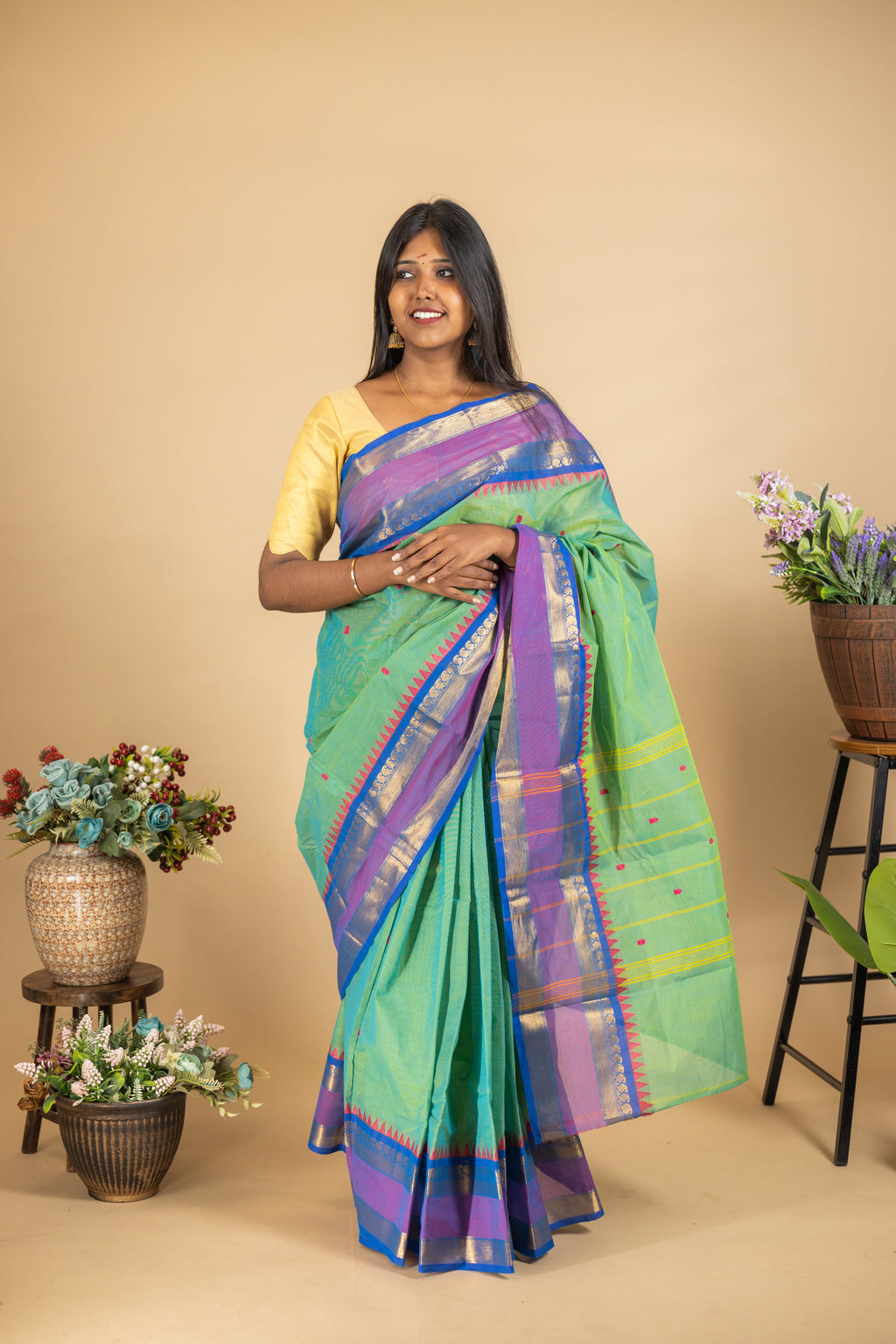 Light Green Chettinad Cotton Saree with Blue Border - #NS004