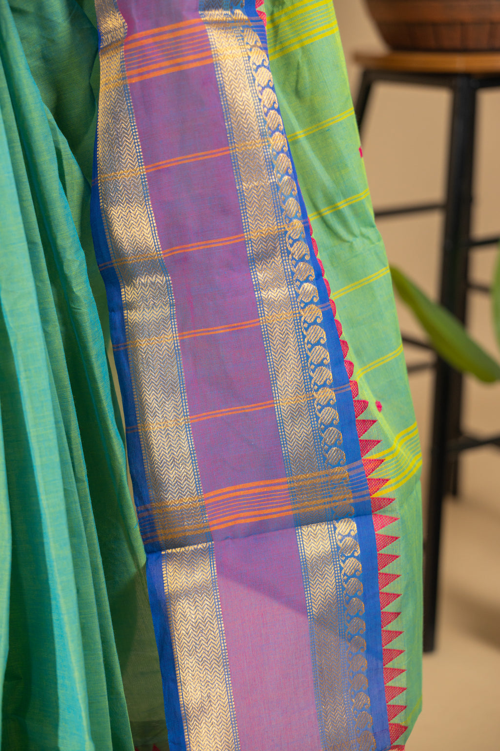 Light Green Chettinad Cotton Saree with Blue Border - #NS004