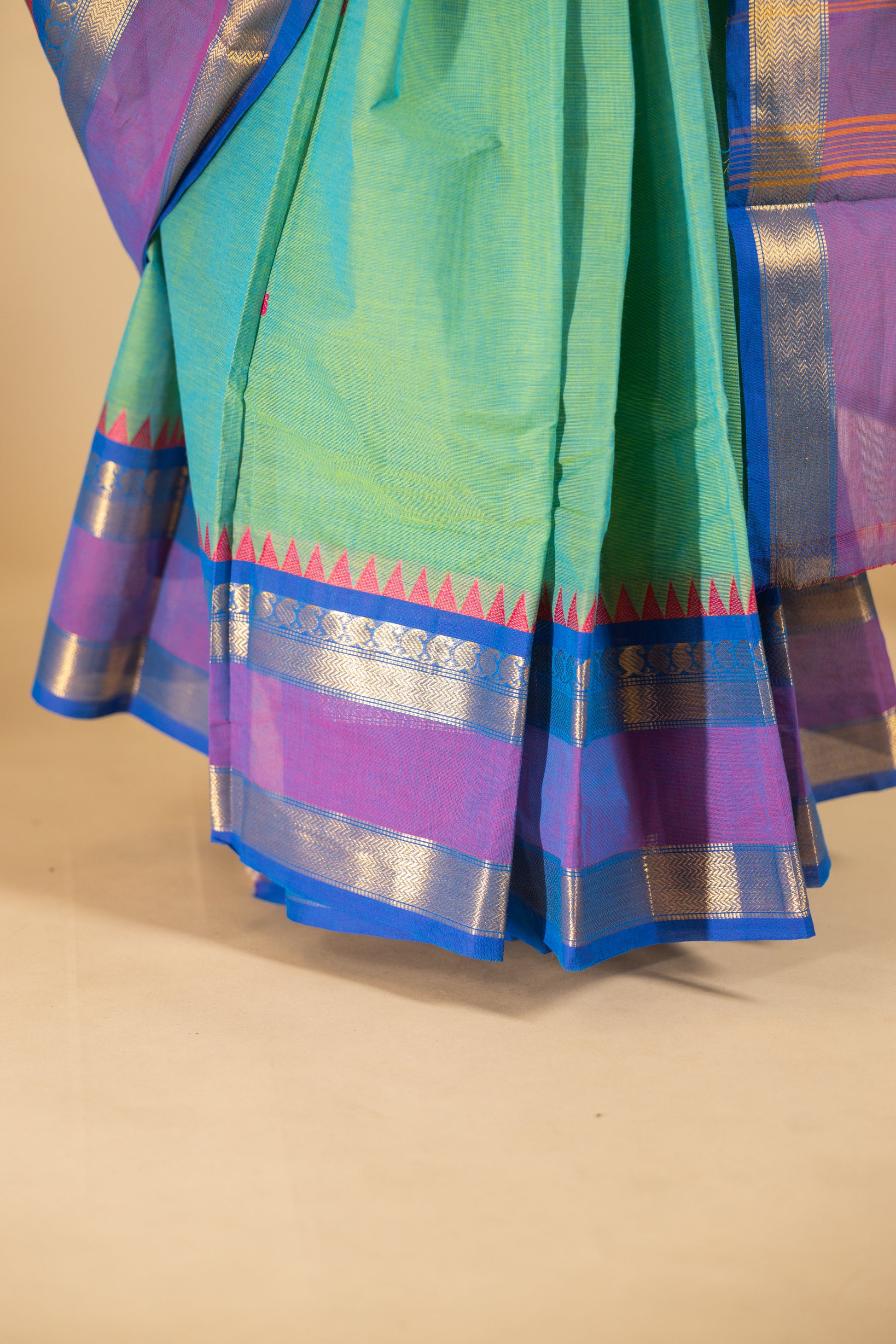 Light Green Chettinad Cotton Saree with Blue Border - #NS004