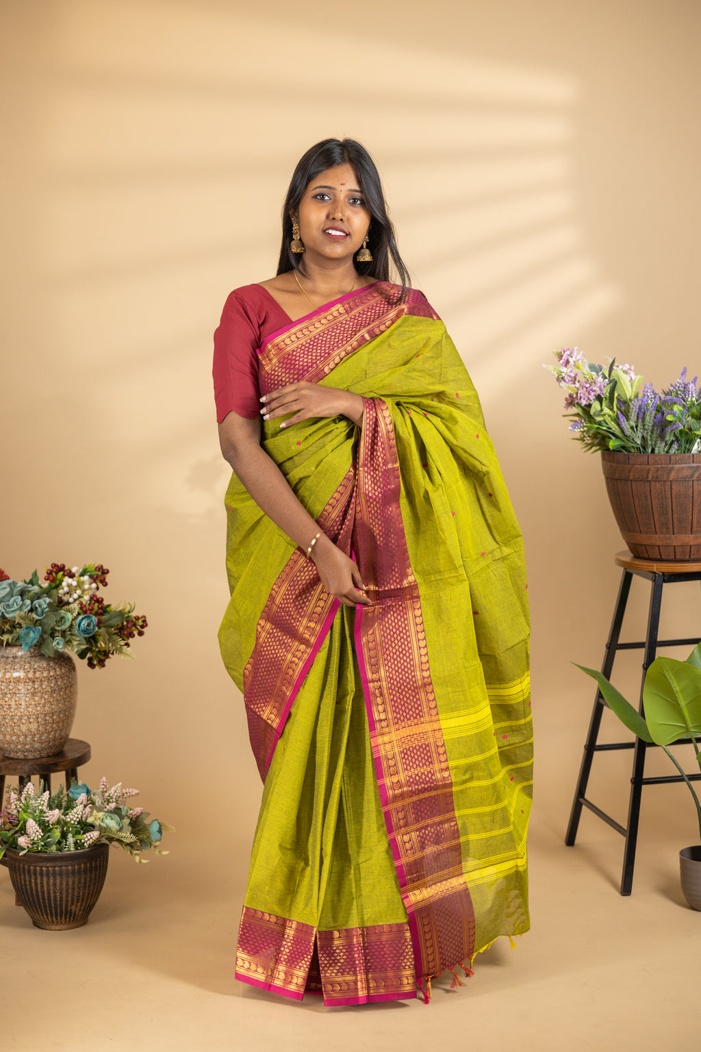 Leaf Green Chettinad Cotton Saree with Maroon Border - #NS006
