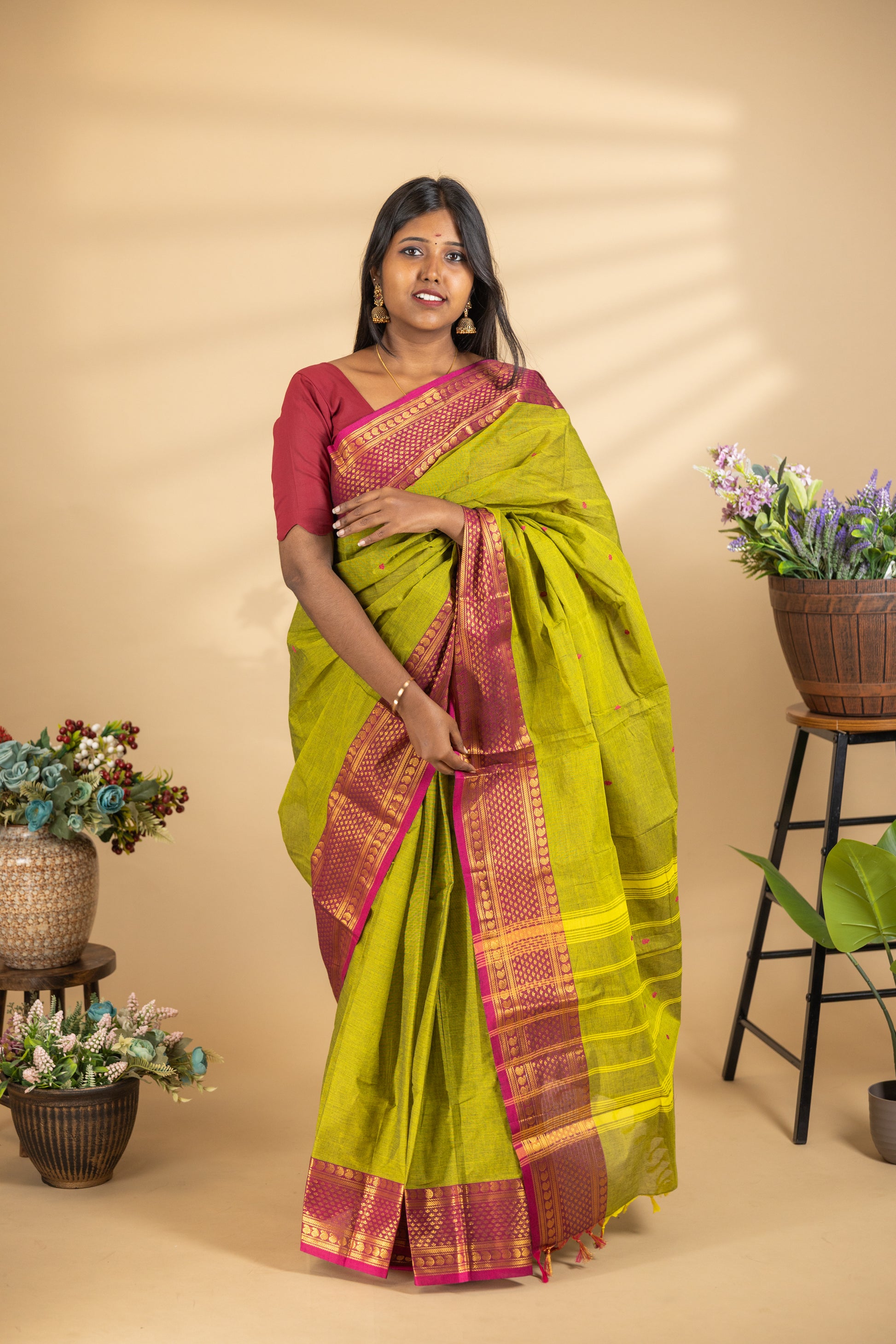 Leaf Green Chettinad Cotton Saree with Maroon Border - #NS006
