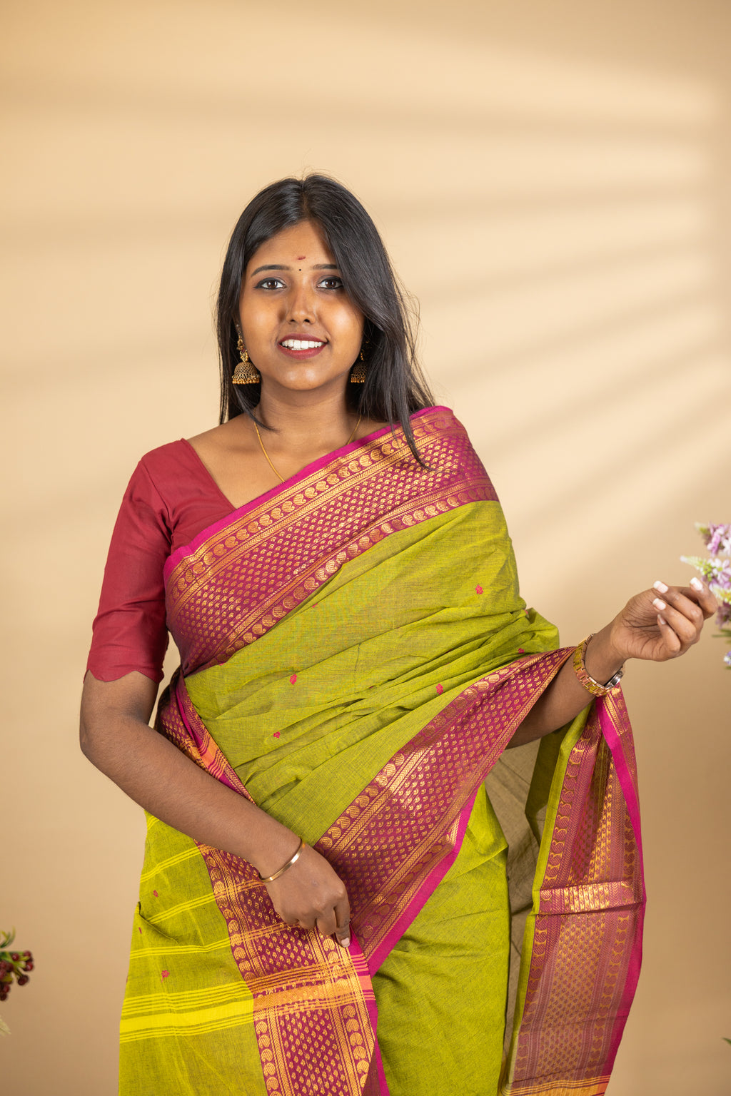 Leaf Green Chettinad Cotton Saree with Maroon Border - #NS006