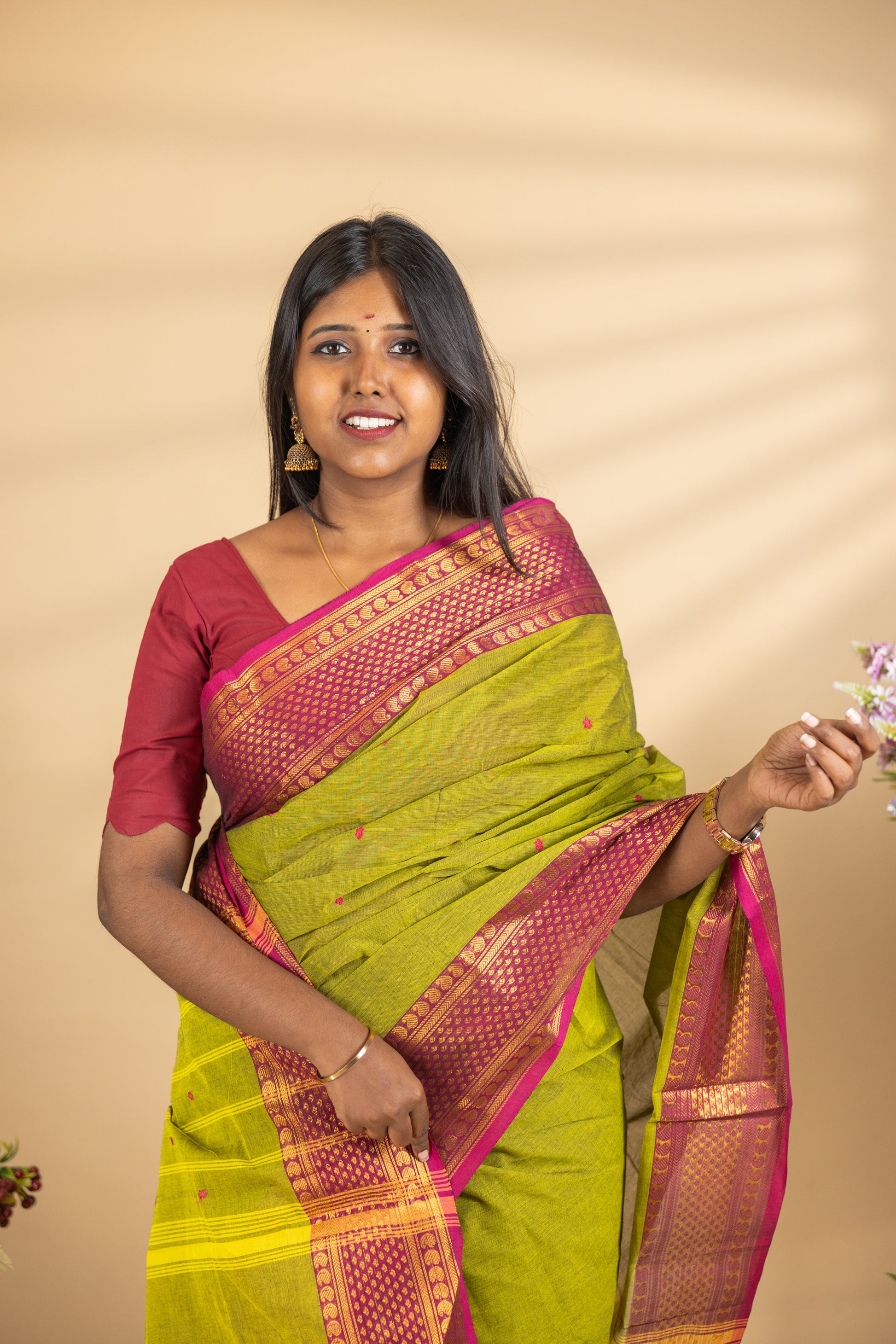 Leaf Green Chettinad Cotton Saree with Maroon Border - #NS006