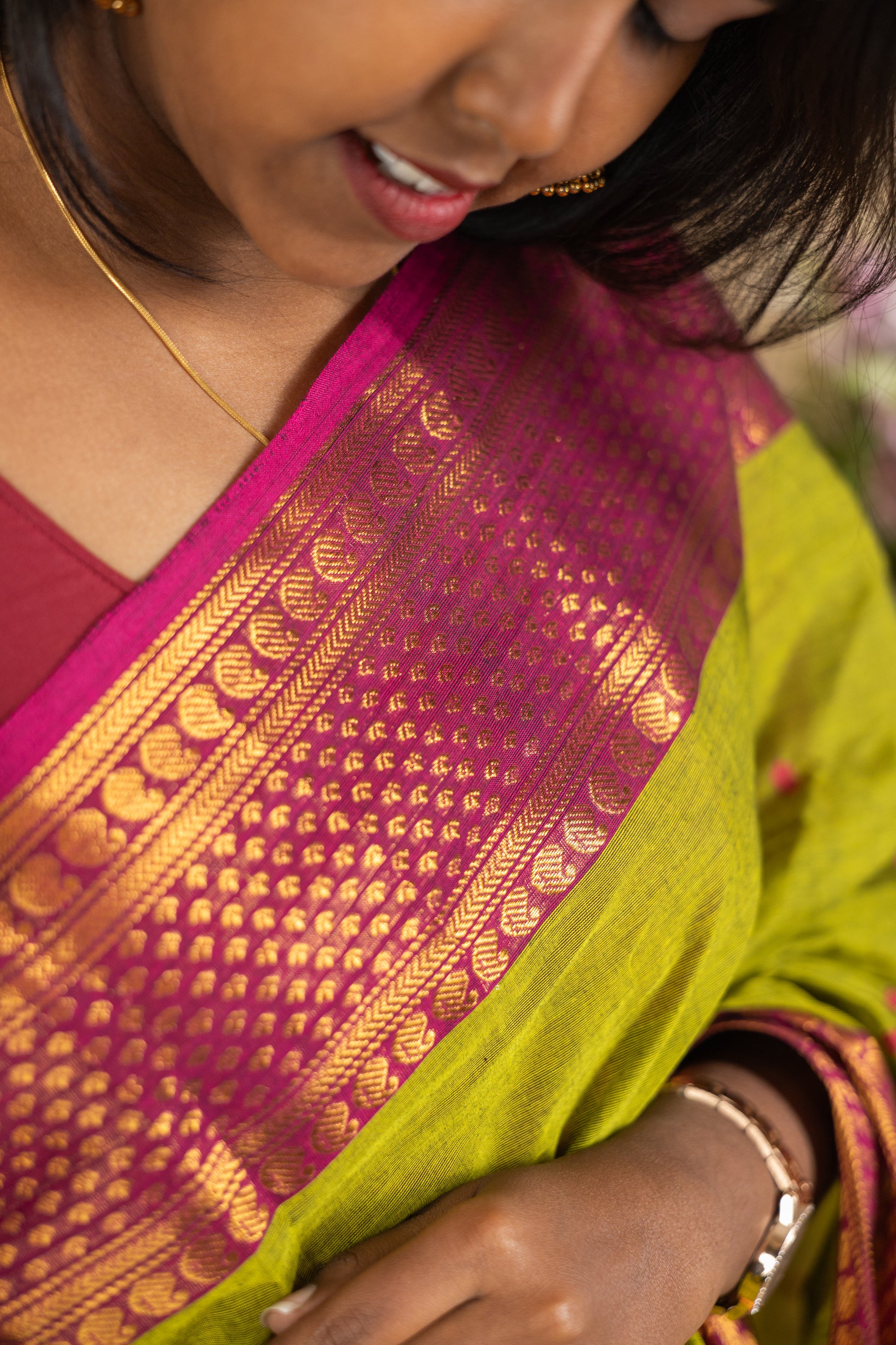 Leaf Green Chettinad Cotton Saree with Maroon Border - #NS006
