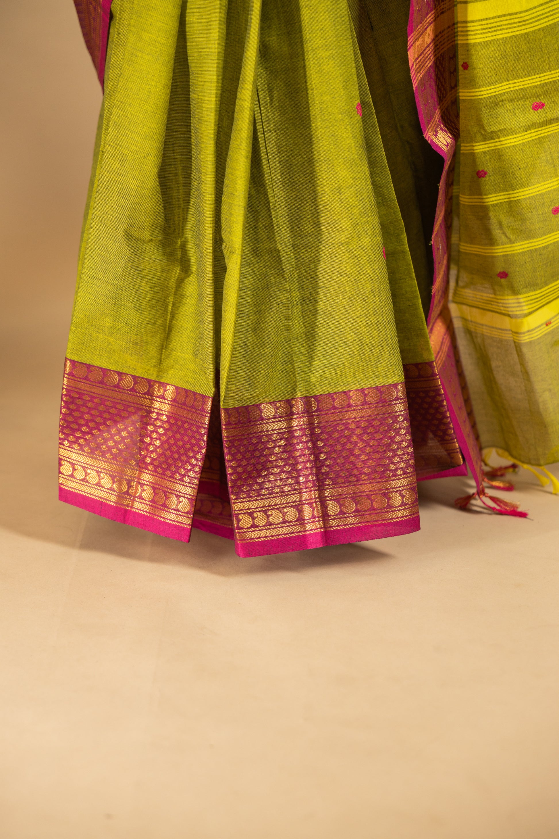 Leaf Green Chettinad Cotton Saree with Maroon Border - #NS006