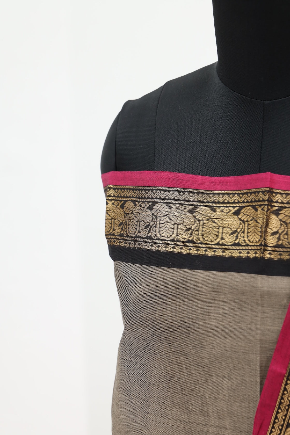 Beige with Pink & Black Border Chettinad Cotton Unstitched Salwar Suit - #NC053