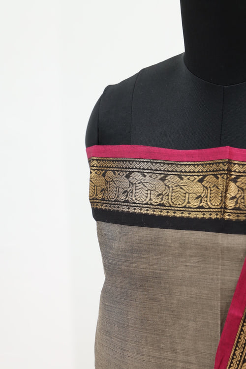 Beige with Pink & Black Border Chettinad Cotton Unstitched Salwar Suit - #NC053