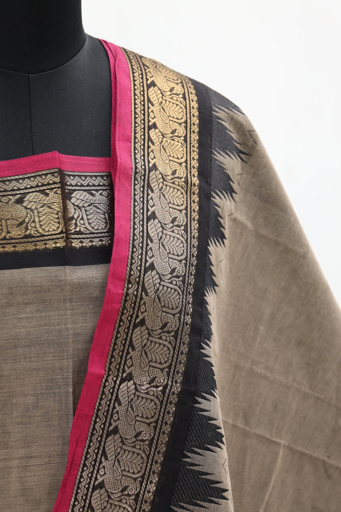 Beige with Pink & Black Border Chettinad Cotton Unstitched Salwar Suit - #NC053