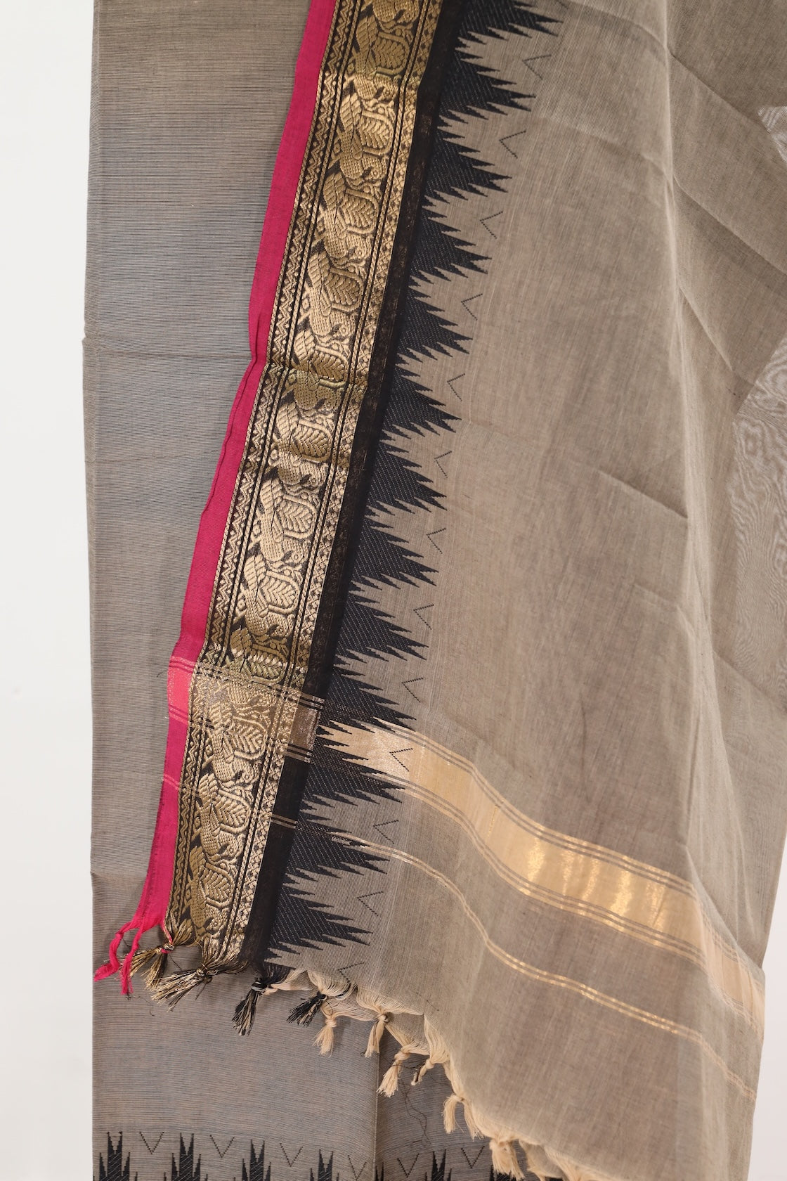 Beige with Pink & Black Border Chettinad Cotton Unstitched Salwar Suit - #NC053