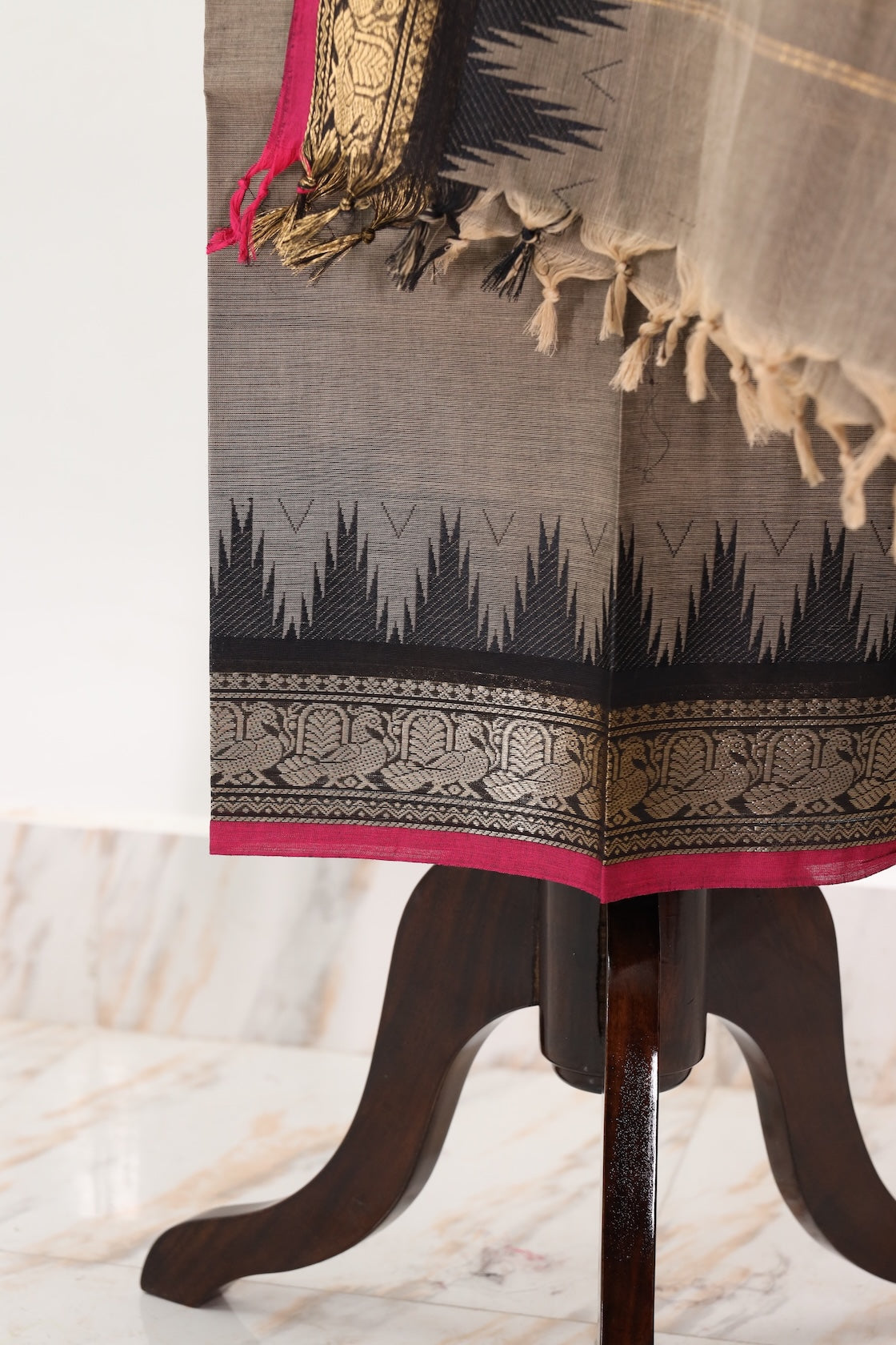 Beige with Pink & Black Border Chettinad Cotton Unstitched Salwar Suit - #NC053