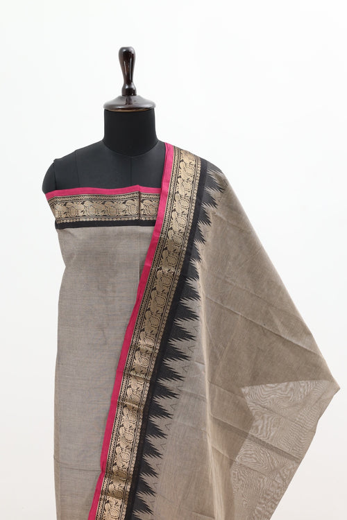 Beige with Pink & Black Border Chettinad Cotton Unstitched Salwar Suit - #NC053
