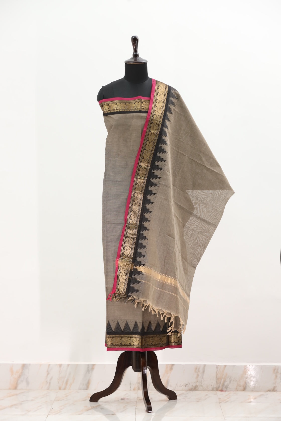 Beige with Pink & Black Border Chettinad Cotton Unstitched Salwar Suit - #NC053