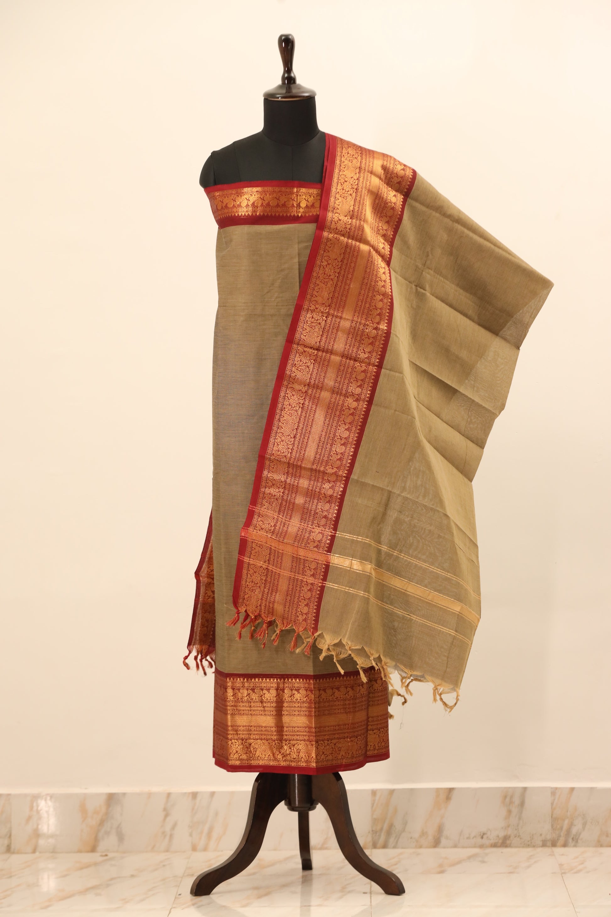 Beige with red Border Chettinad Cotton Unstitched Salwar Suit - #NC071