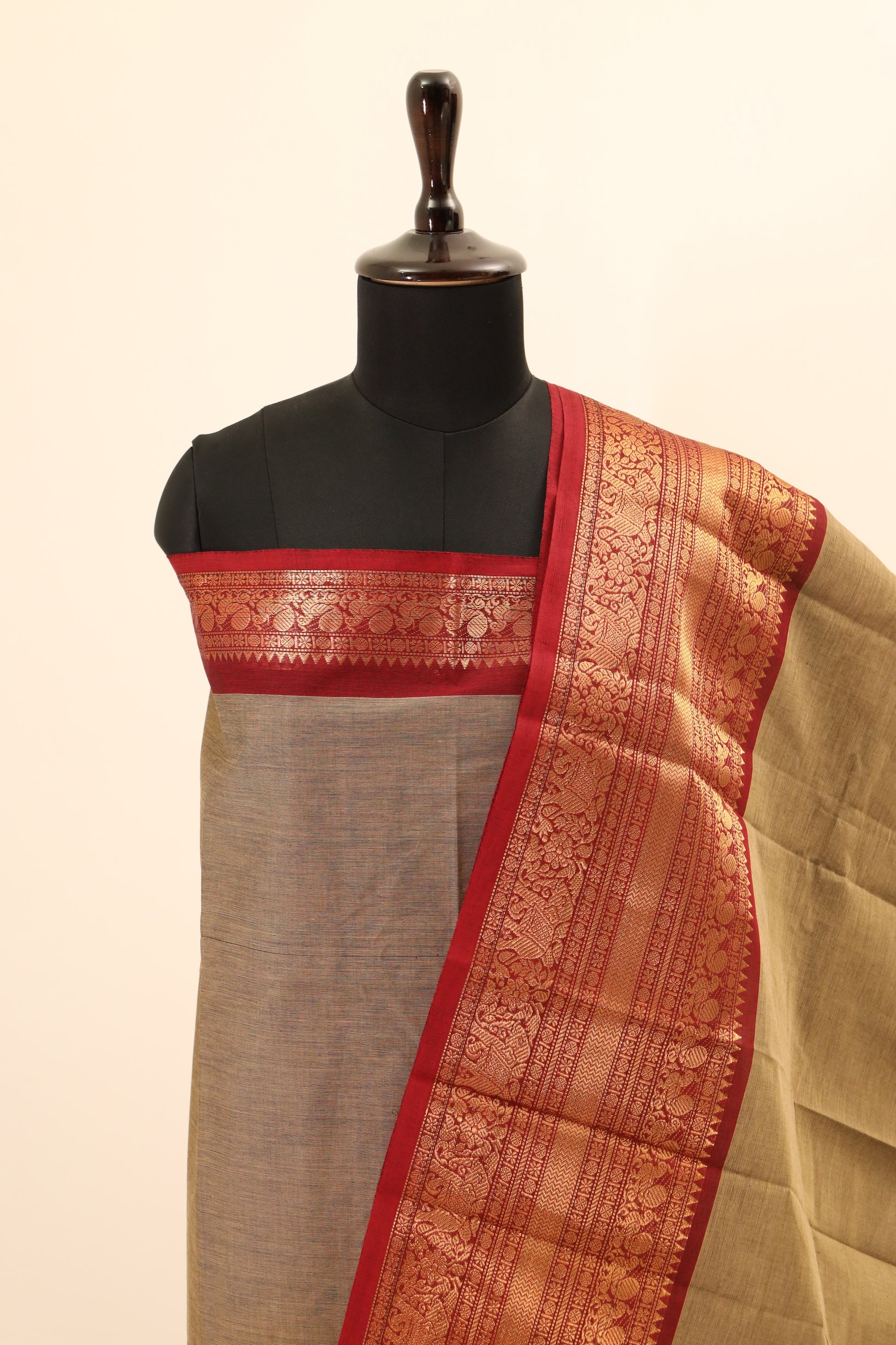 Beige with red Border Chettinad Cotton Unstitched Salwar Suit - #NC071