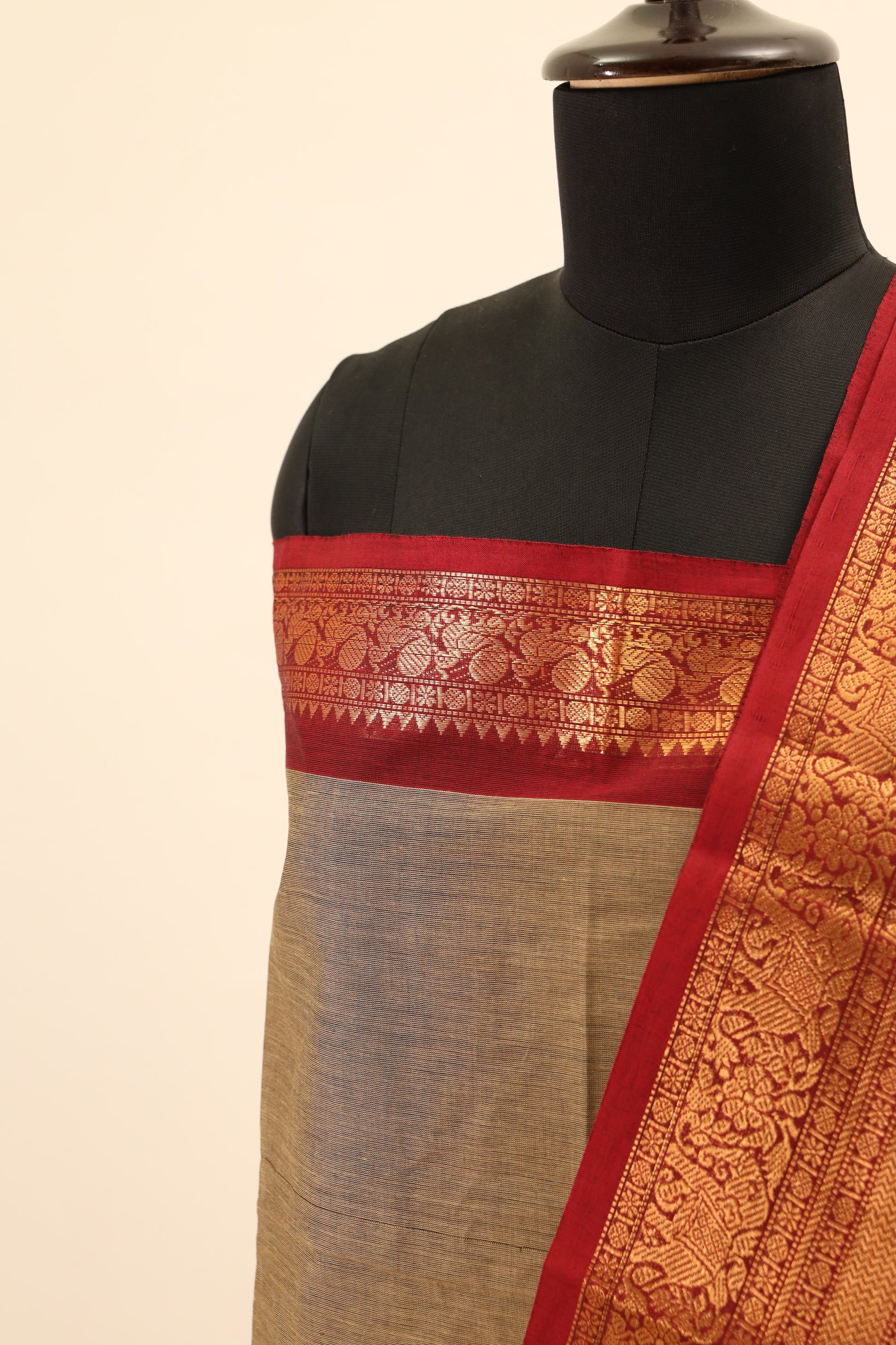 Beige with red Border Chettinad Cotton Unstitched Salwar Suit - #NC071