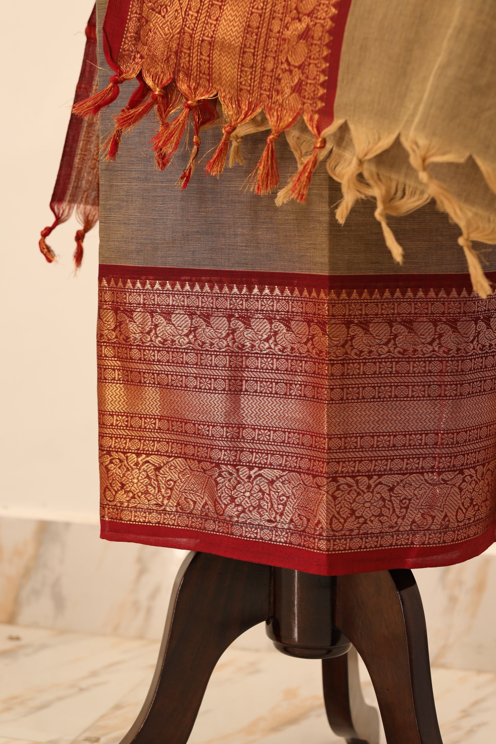 Beige with red Border Chettinad Cotton Unstitched Salwar Suit - #NC071