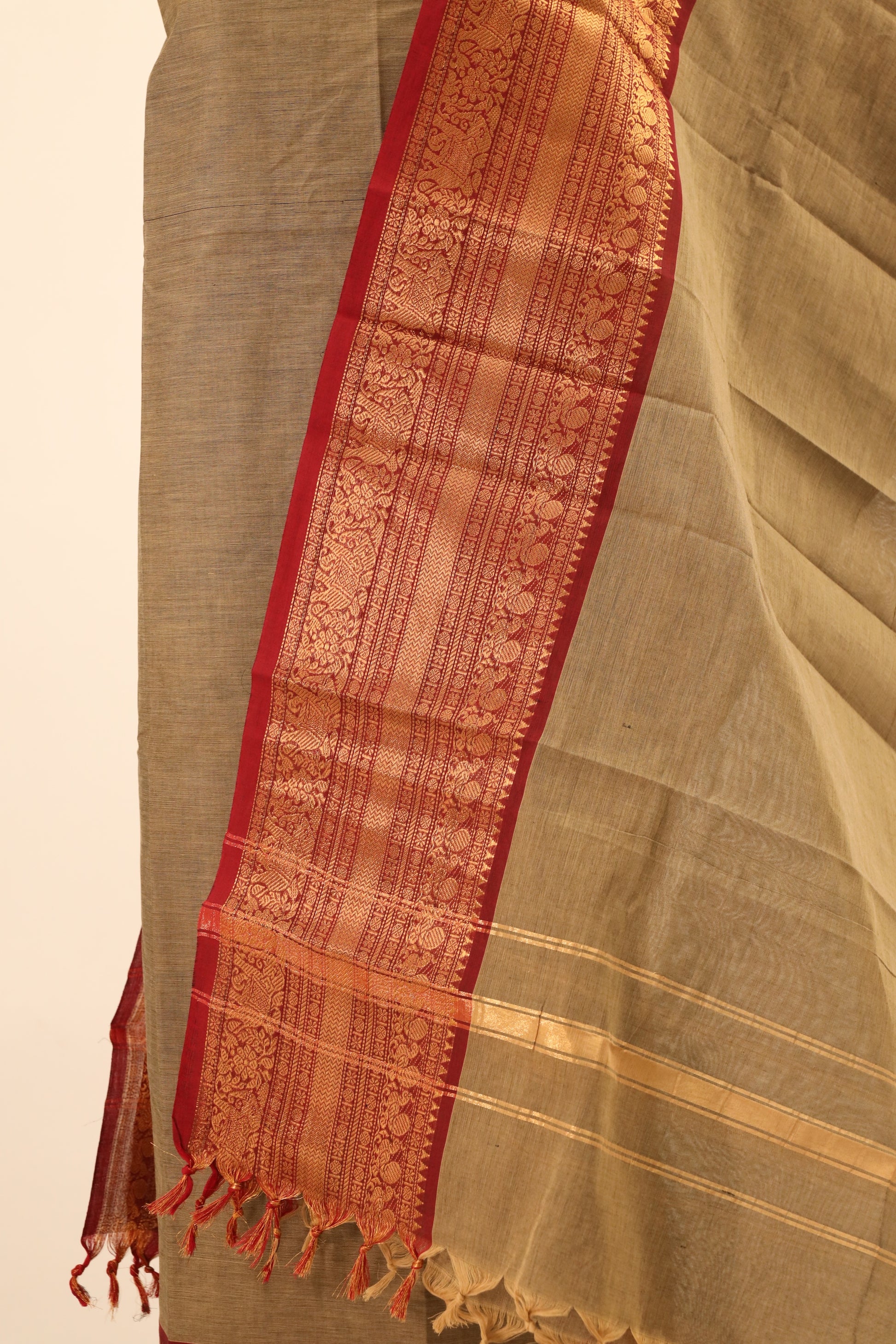 Beige with red Border Chettinad Cotton Unstitched Salwar Suit - #NC071