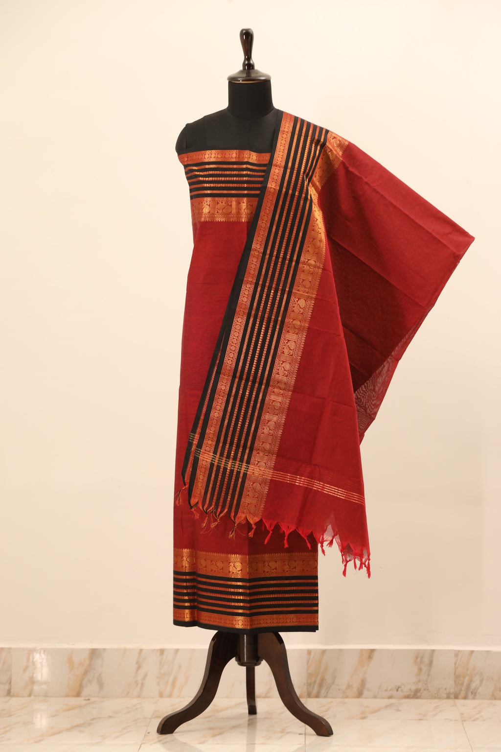 Red with Black Border Chettinad Cotton Unstitched Salwar Suit - #NC072