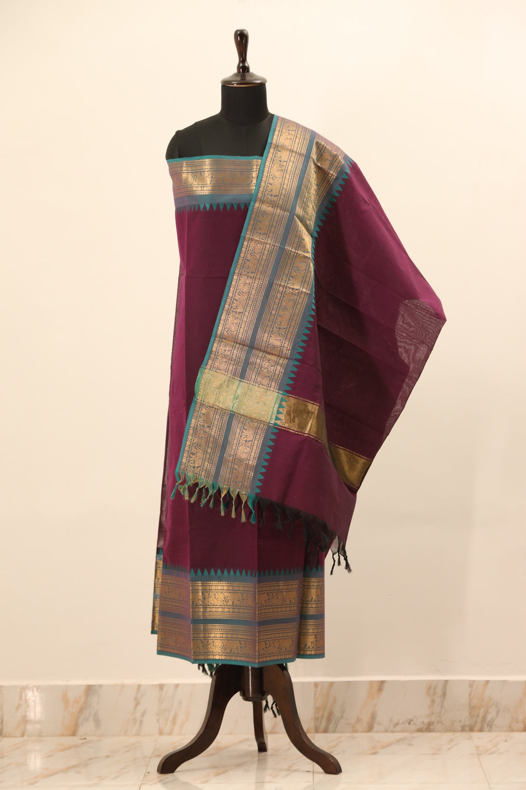 Dark Purple with blue and golden border Chettinad Cotton Unstitched Salwar Suit - #NC073