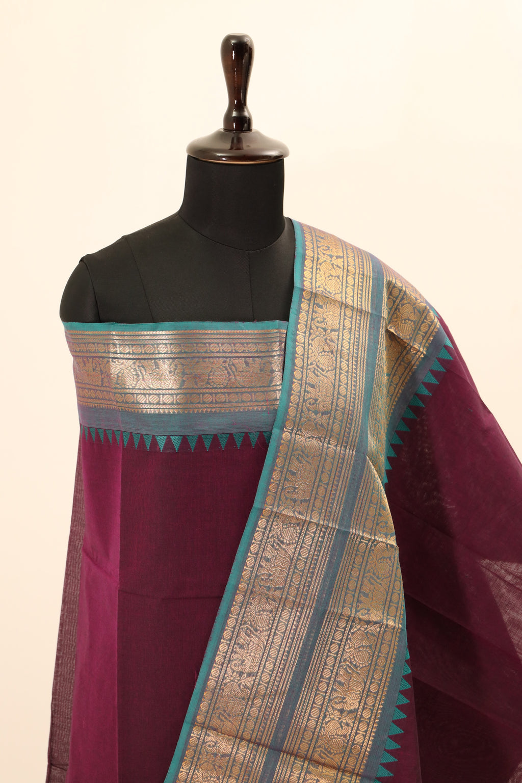 Dark Purple with blue and golden border Chettinad Cotton Unstitched Salwar Suit - #NC073