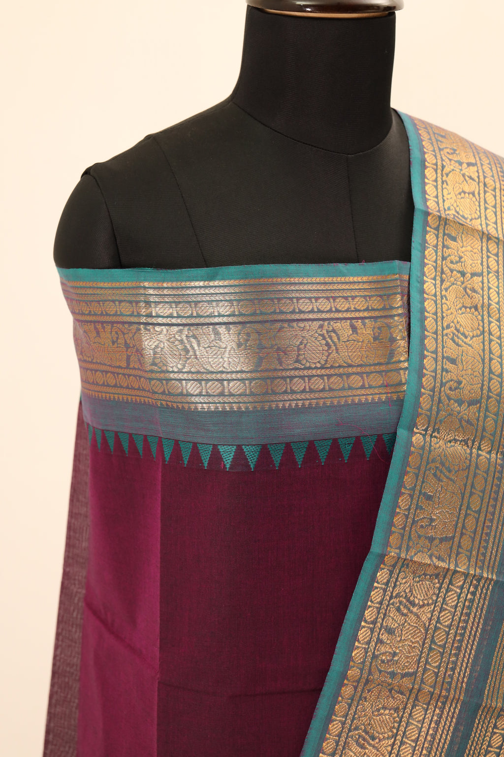 Dark Purple with blue and golden border Chettinad Cotton Unstitched Salwar Suit - #NC073