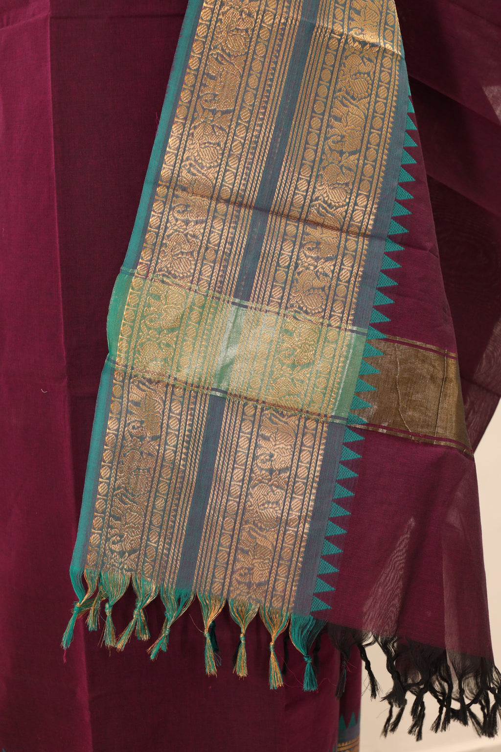 Dark Purple with blue and golden border Chettinad Cotton Unstitched Salwar Suit - #NC073