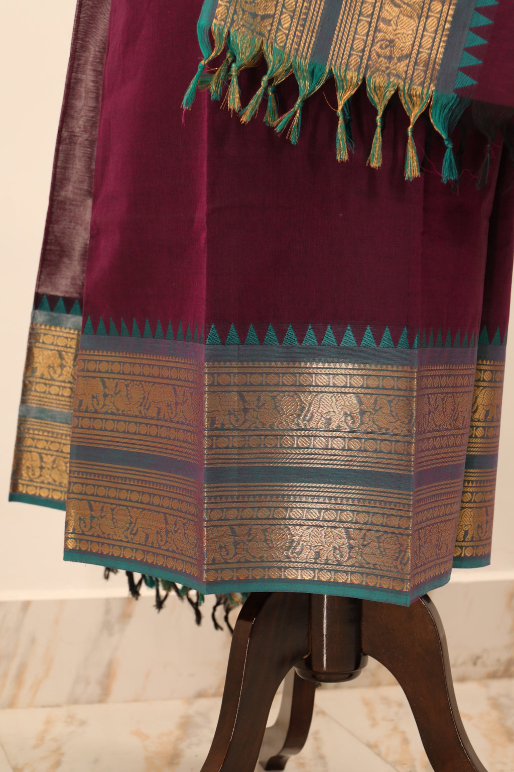 Dark Purple with blue and golden border Chettinad Cotton Unstitched Salwar Suit - #NC073