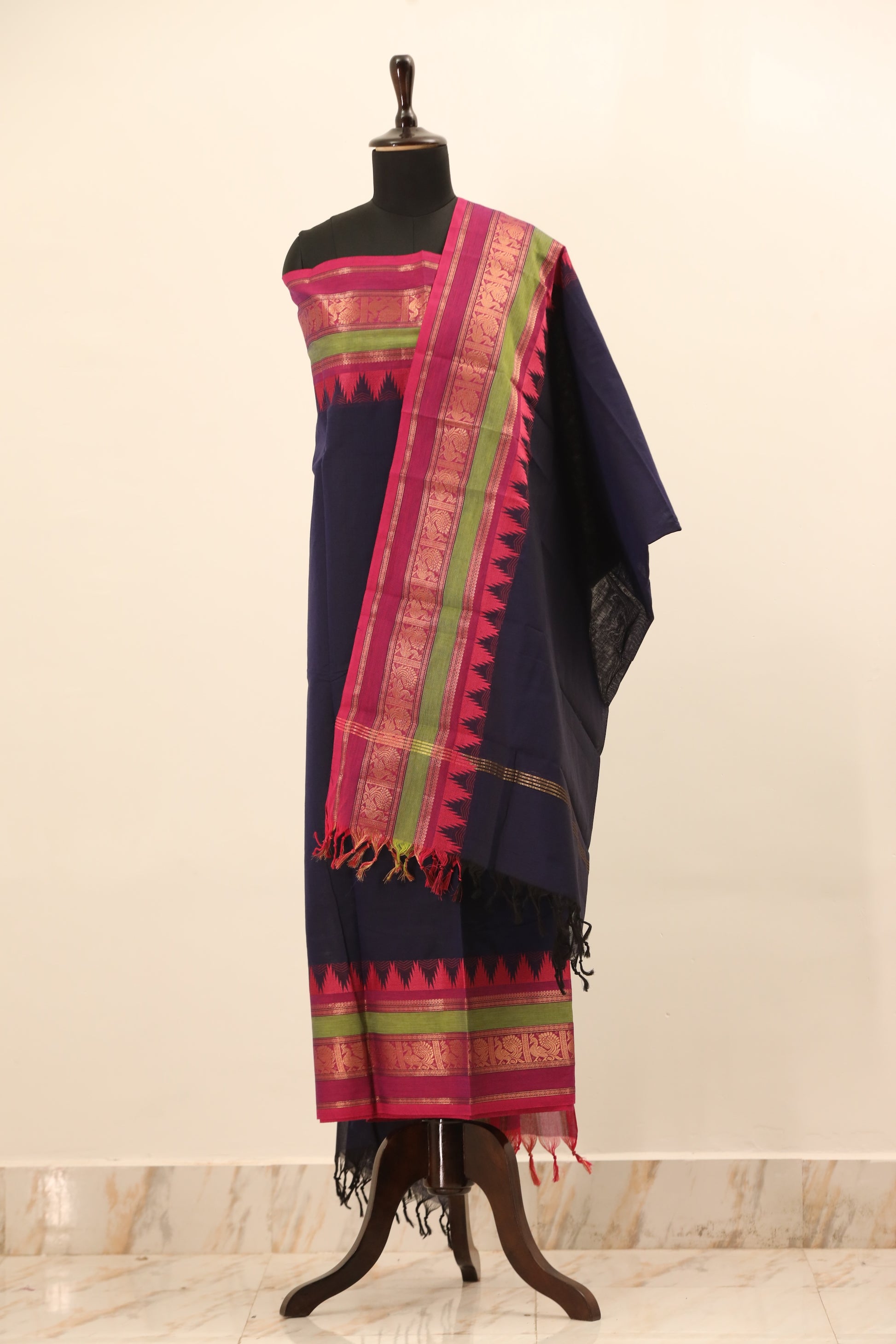 Navy Blue with Pink Border Chettinad Cotton Unstitched Salwar Suit - #NC084