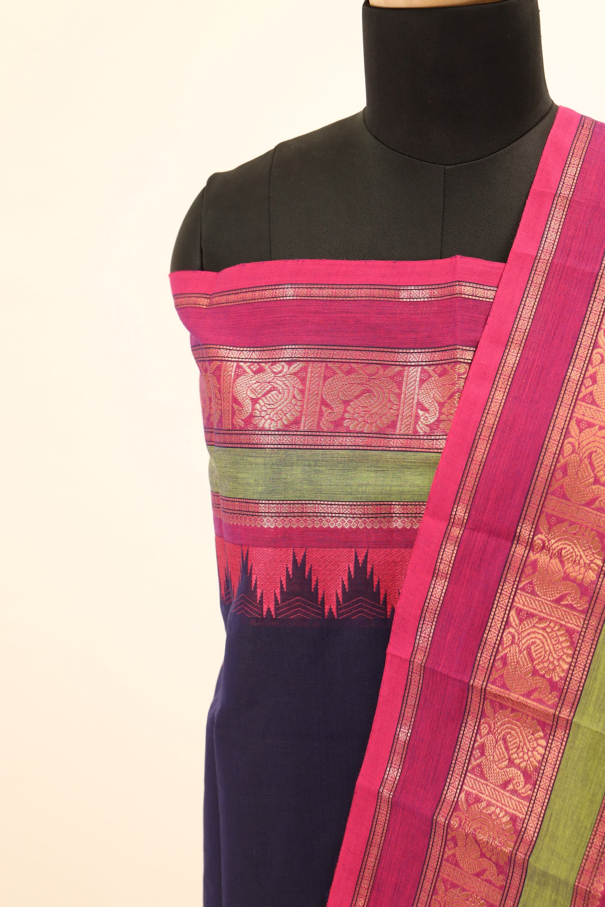 Navy Blue with Pink Border Chettinad Cotton Unstitched Salwar Suit - #NC084